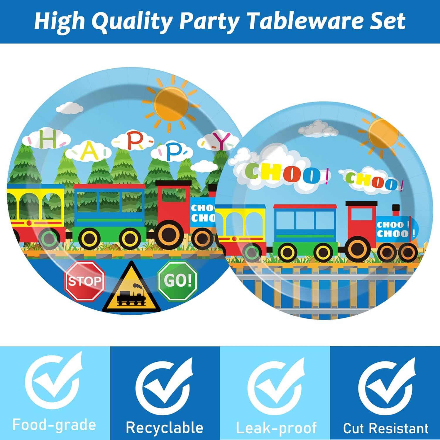 200Pcs Train Party Plates and Napkins Train Birthday Party Supplies Transportation Disposable Paper Decoration for Kids Birthday With Dinner Plates Dessert Plates Napkins Plastic Forks, Serves 50 - Image 3