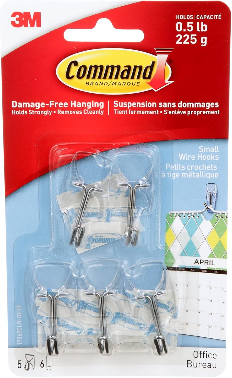 Command Small Clear Wire Hooks with Clear Strips, 5 Hooks, 6 Strips