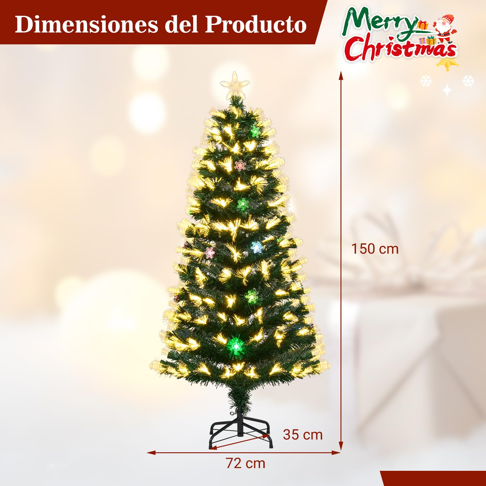 COSTWAY Árbol de Navidad de Fibra Óptica 150 cm, Arbol de Navidad con Luces Incorporadas, 8 Modos de Luz, 170 Puntas de PVC, 20 Copos de Nieve, Estrella, Arvore de Natal Hogar Oficina (150cm)