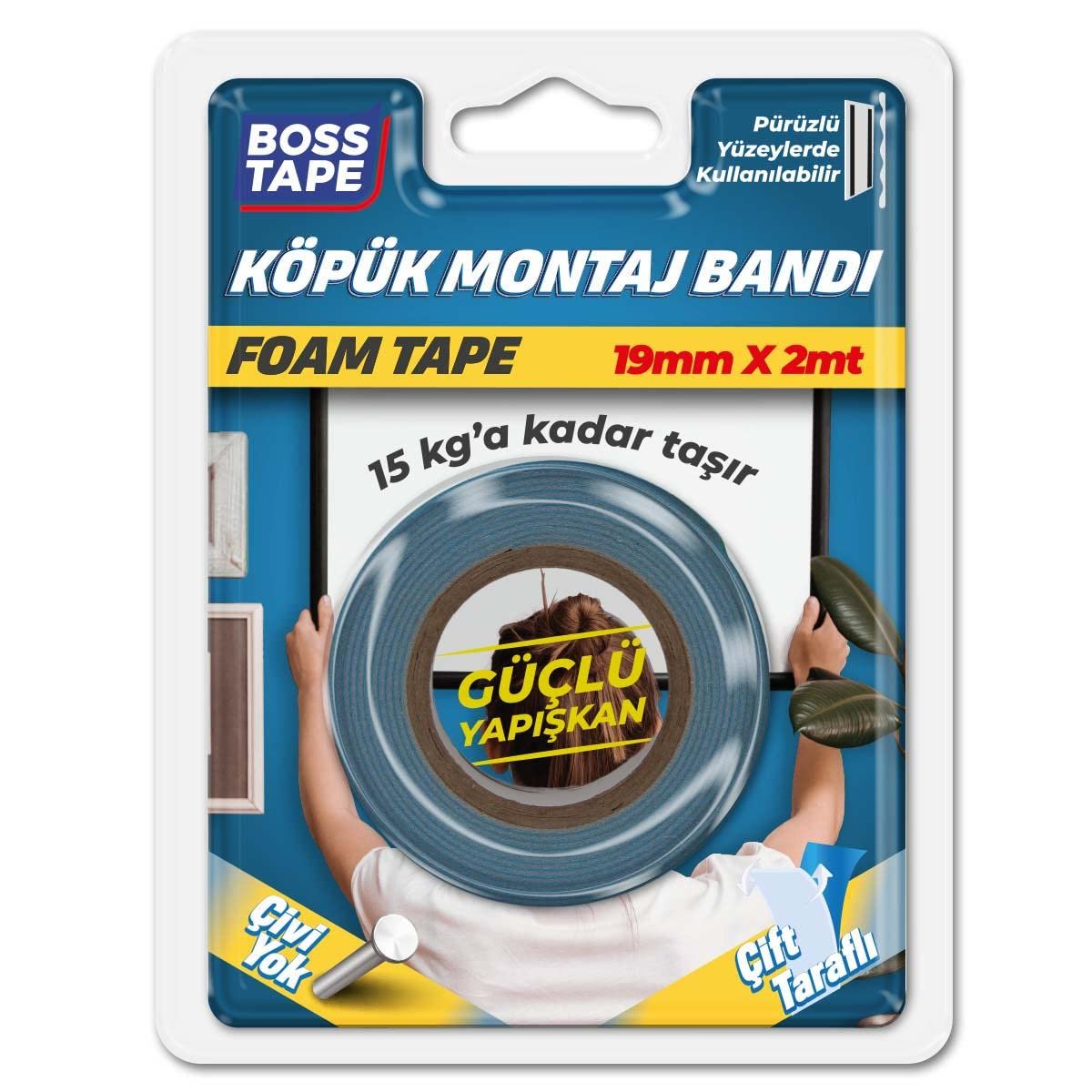 Boss Tape Çift Tarafli Köpük Aksesuar Montaj Bandi 15 kg, 19 mm x 2 Metre Boyut