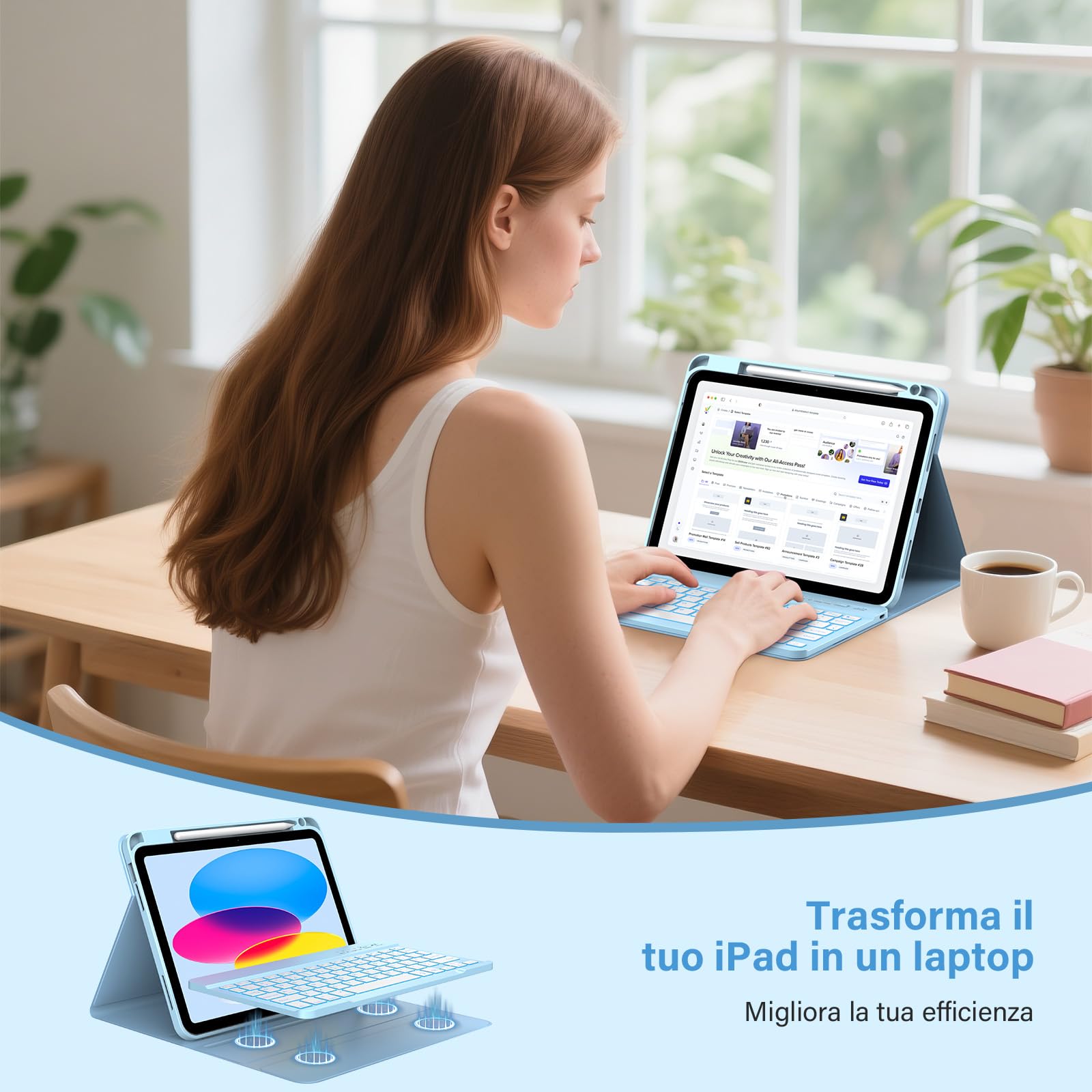 KBCASE Custodia Tastiera per iPad A16 11/10 Generazione,Cover iPad A16 11/10 Generazione con Bluetooth Tastiera (11/10.9 Pollici, 2025/2022), Italiano QWERTY,con Portapenna,Blue