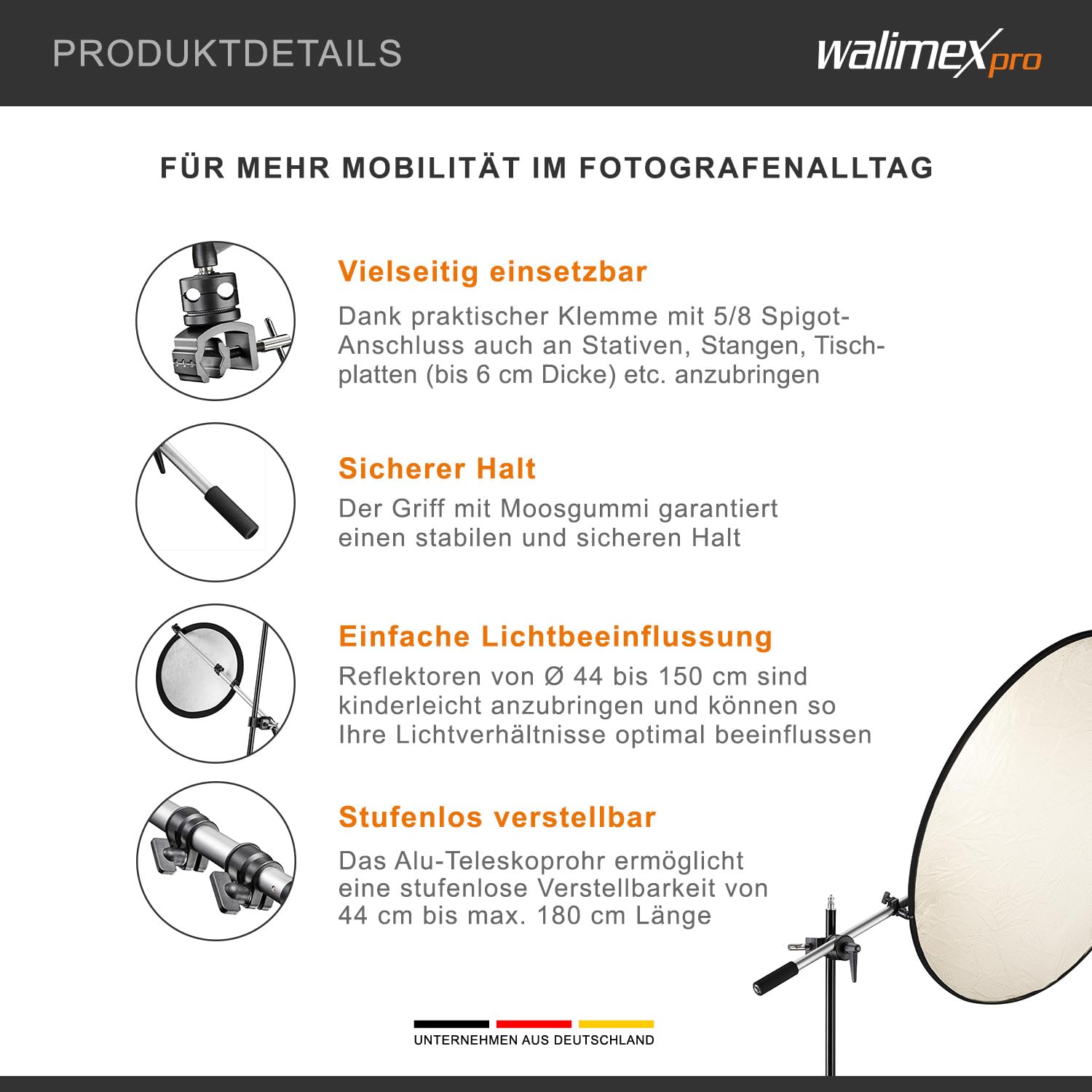 Walimex pro Reflektorhalter mit Klemme 44-150 cm (inkl. Transporttasche)