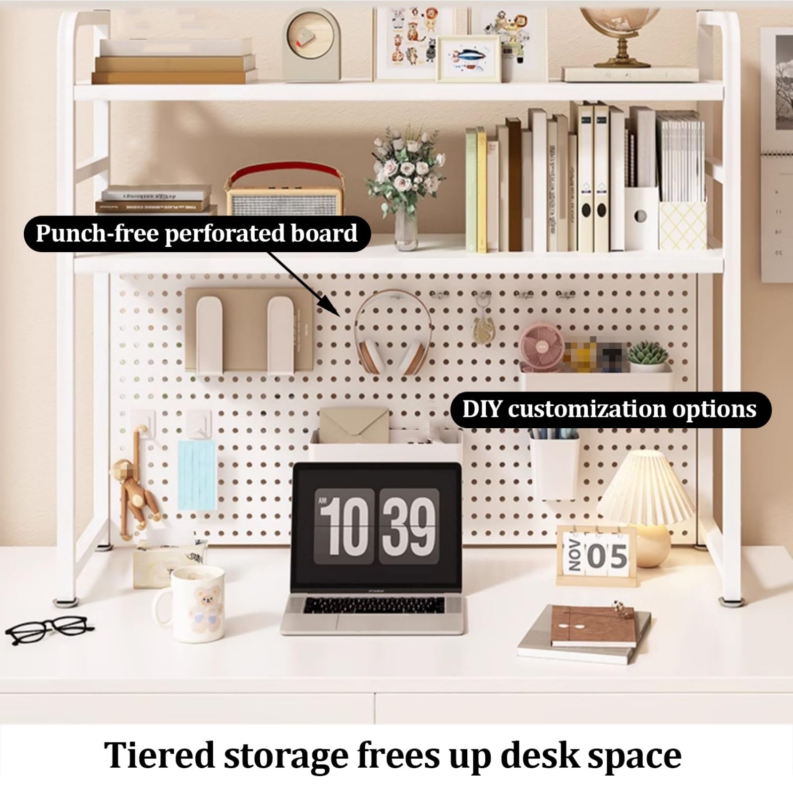 Étagère De Bureau En Métal Panneau Perforé 2 Tiers 95cm - Rangement Industriel Blanc