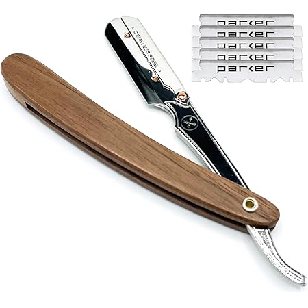 Parker's Walnut Wood Handle Barber Straight Razor/ Shavette for Men and 5 Parker Premium Razor Blades - Stainless Steel Blade Arm with Clip Closure - Designed for Professional Use