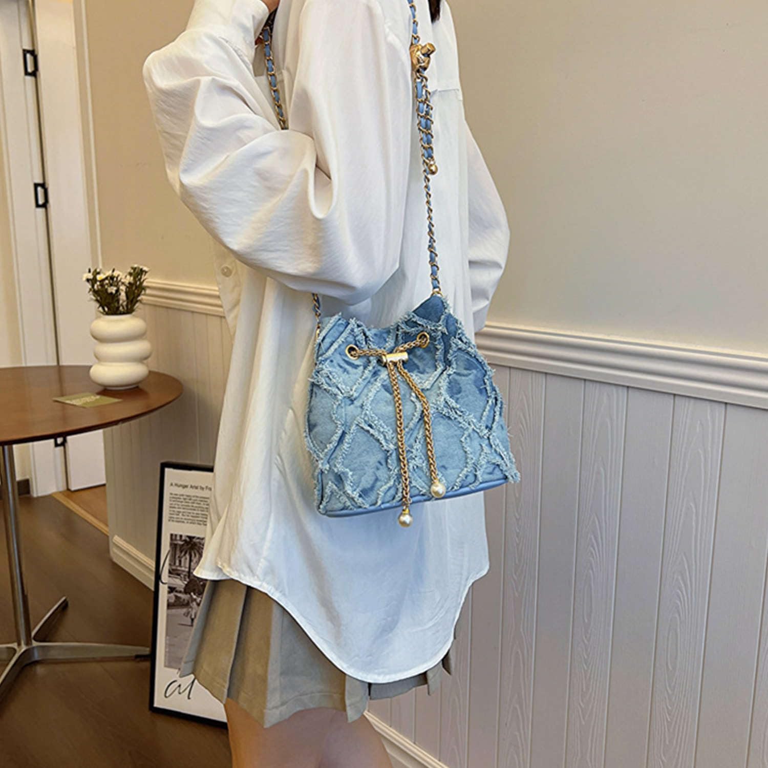 Jean Purses for Women, Distressed Jean Denim Bucket Bags Quilted Crossbody, Small Shoulder Bag Drawstring Handbag