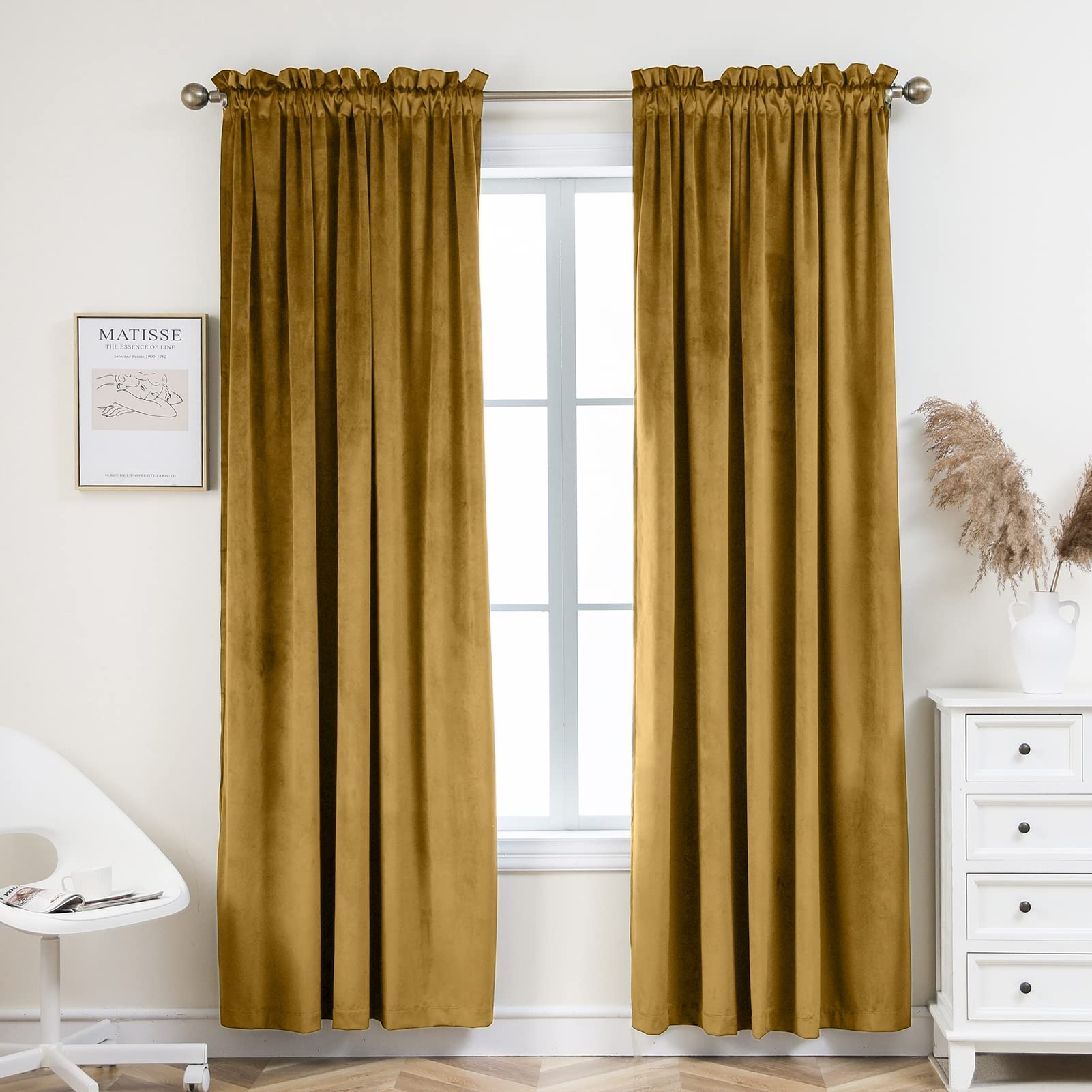 PLEASANT BOULEVARD Golden Yellow Velvet Curtains 95 inch Long Heavyweight Blackout Curtains Rod Pocket Thermal Insulated Darkening Window Drapes for Bedroom Living Room, W52 x L95, 2 Panels