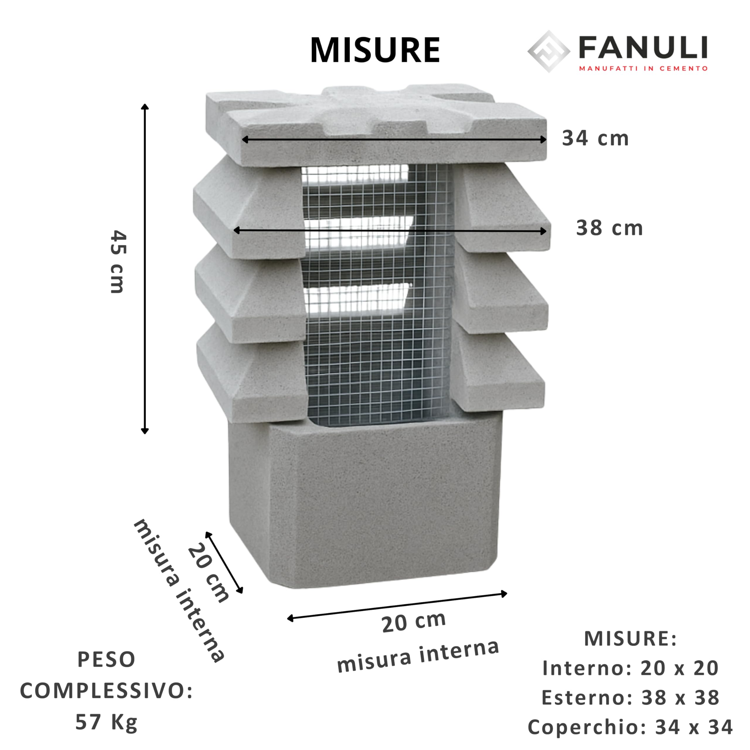Comignolo Camino Antivento In Cemento Grigio Vibrato Varie Misure | Terminale Canna Fumaria Resistente A Pioggia, Vento E Uccelli | Copertura Fumaria Varie Misure | Made In Italy (25 cm X 25 cm)
