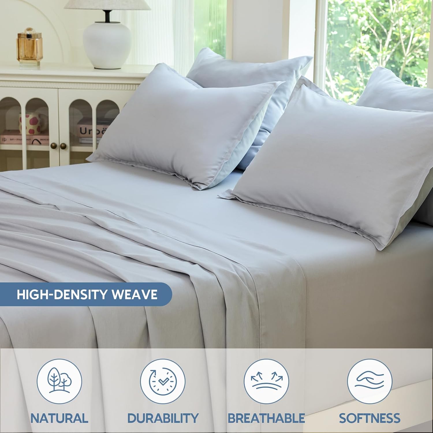 Gray Cotton Bed Sheet Set, Queen Size- Lyocell Blend Cooling Breathable Bed Sheet, Hypoallergenic, 16-inch deep Pocket,All-Season,4 Pieces