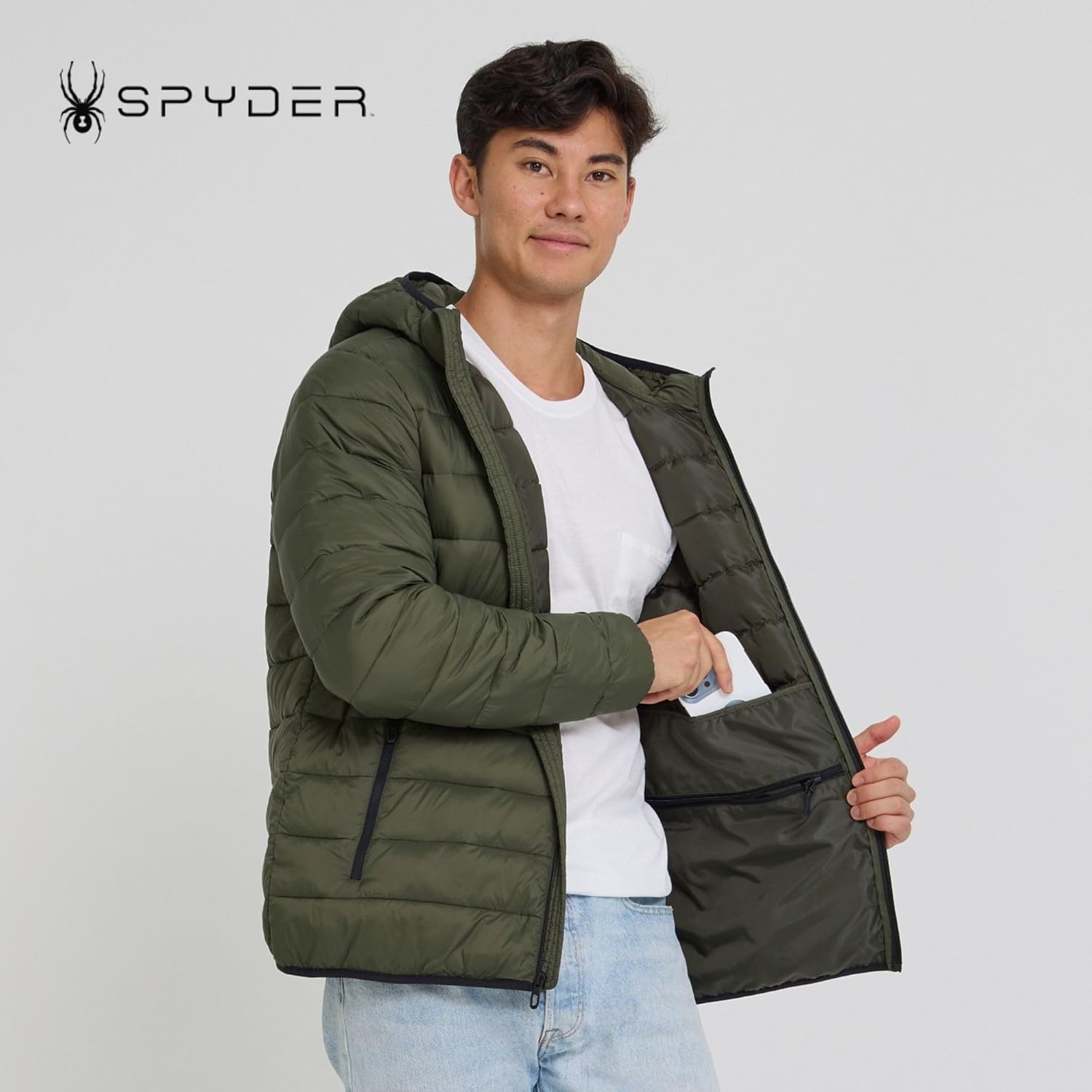 Spyder Packable Puffer Jacket Men with Hood, Lightweight Winter Jackets for Men