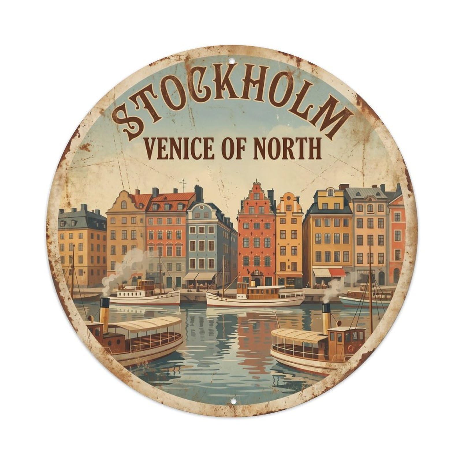 Vintage Travel Stockholm Waterfront Archipelago Metal Tin Sign Plaque Wall Decor for Cafe, Club Bar, Office, Home Garden Round Metal Poster 8x8Inch