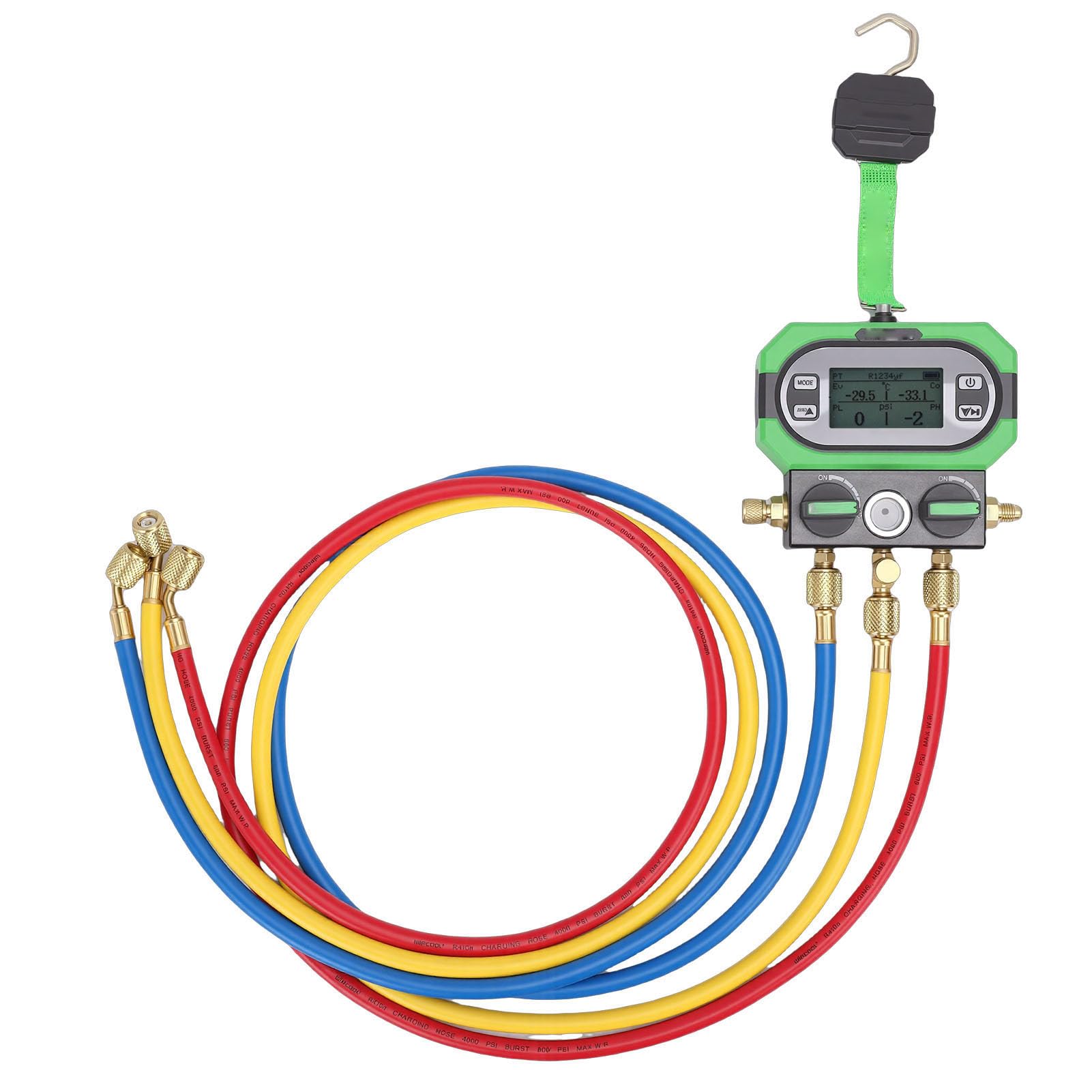 Cyfrowy Tester Ciśnienia HVAC w Kolektorze, Metalowy, Plastikowy, Gumowy Zestaw Mierników Chłodniczych AC z 3 Kolorowymi Wężami o Długości 1,5 M, Adapterami R22, Trybami Próżni i Zatrzymania