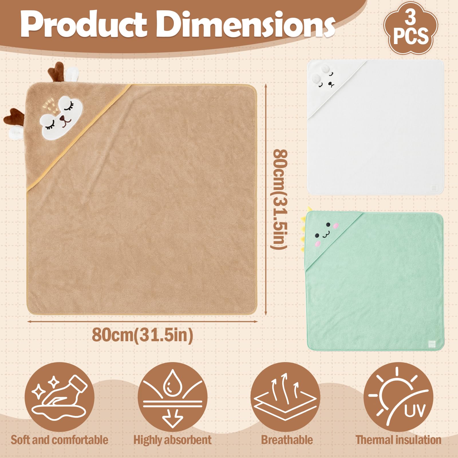 kaiyaya 3 Piezas Toalla Bebe Recien Nacido 80 x 80cm Toallas Bebe con Capucha, Suave y Súper Absorbente Toalla Baño Bebes para Piscina, Playa, Después de Ducharse o Bañarse