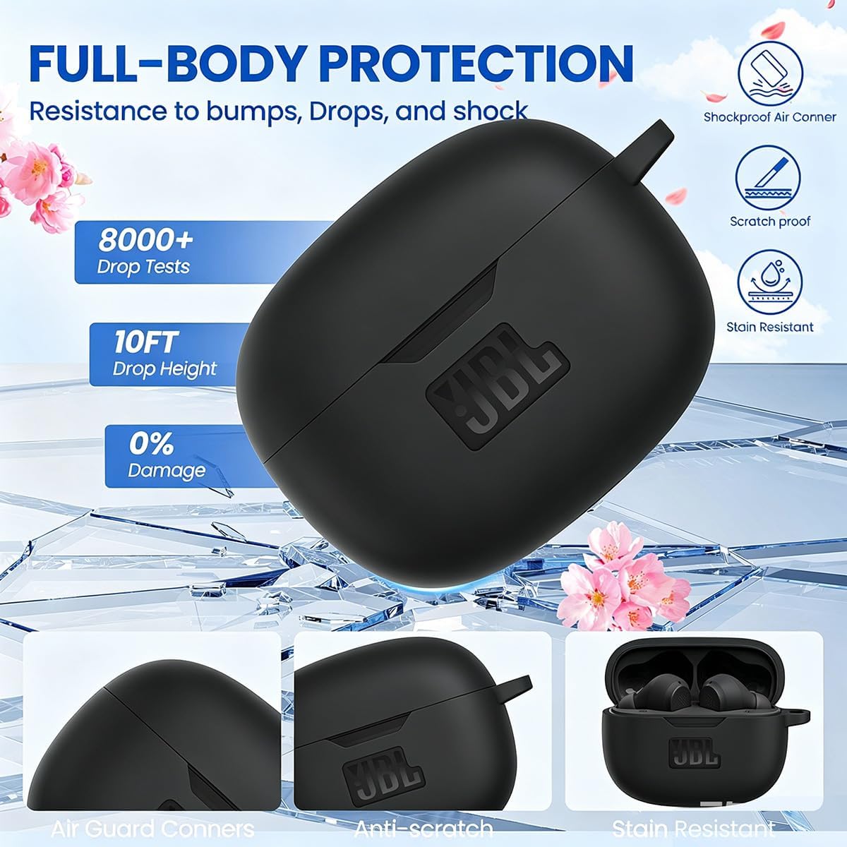 Cute Case Compatible JBL Vibe Beam 2 /Beam Cover for Girl Women with Pom pom Flower Keychain & Cleaner Kit, Soft Silicone Protective Skin for JBL Vibe Beam 2 2025 Women Men Black image 3