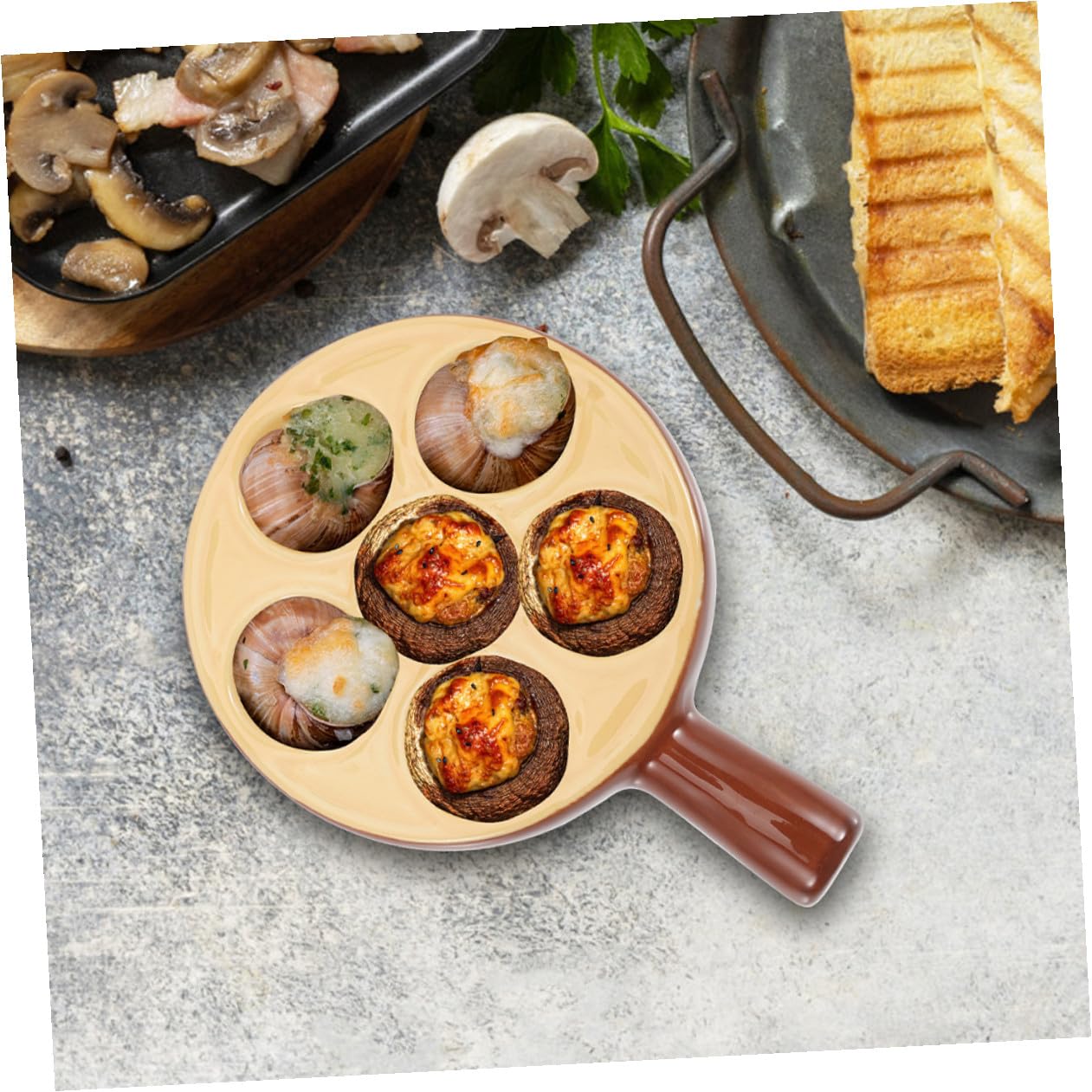 Veemoon Set 2 Pezzi Piatti per Lumache in Porcellana Marrone 6 Fori Piatto per Escargot Manico Ergonomico Superficie Liscia Adatto per Forno Casa
