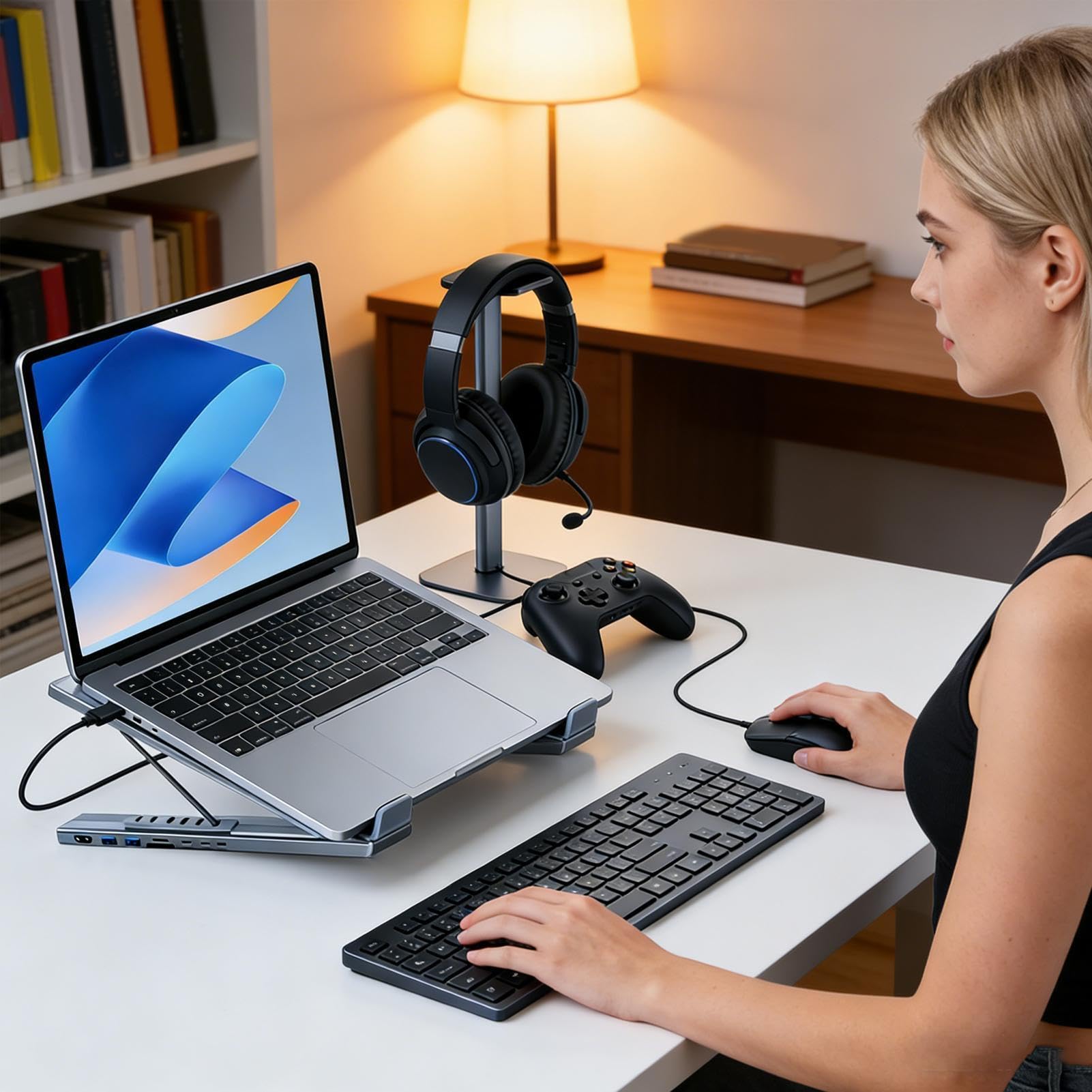 Supporto Portatile per Notebook con Docking Station Hub 8-in-1 e Rialzo per | Trasferimento Dati a 5 Gbps, Supporto Pieghevole con Porte USB Per scrivania, viaggio, ufficio e lavoro