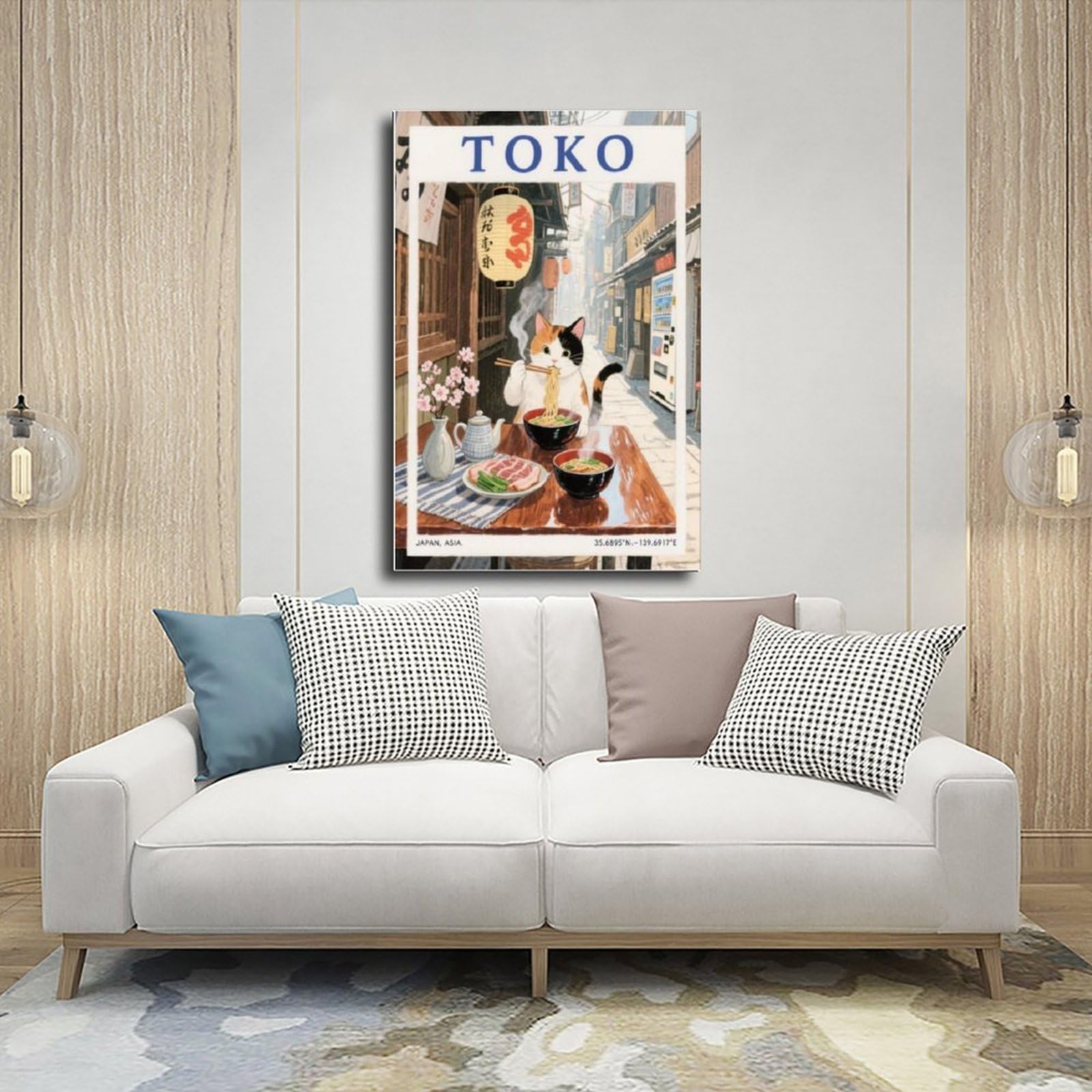 QIOTBVV Bedrucktes Poster mit Katze und Nudeln, Motiv: Tokio Straßenszene, Atmosphäre, Leinwand-Poster, Wandkunst, Dekor, Bild, Gemälde für Wohnzimmer, Schlafzimmer, Dekoration, 61 x 91,4 cm (L x B)