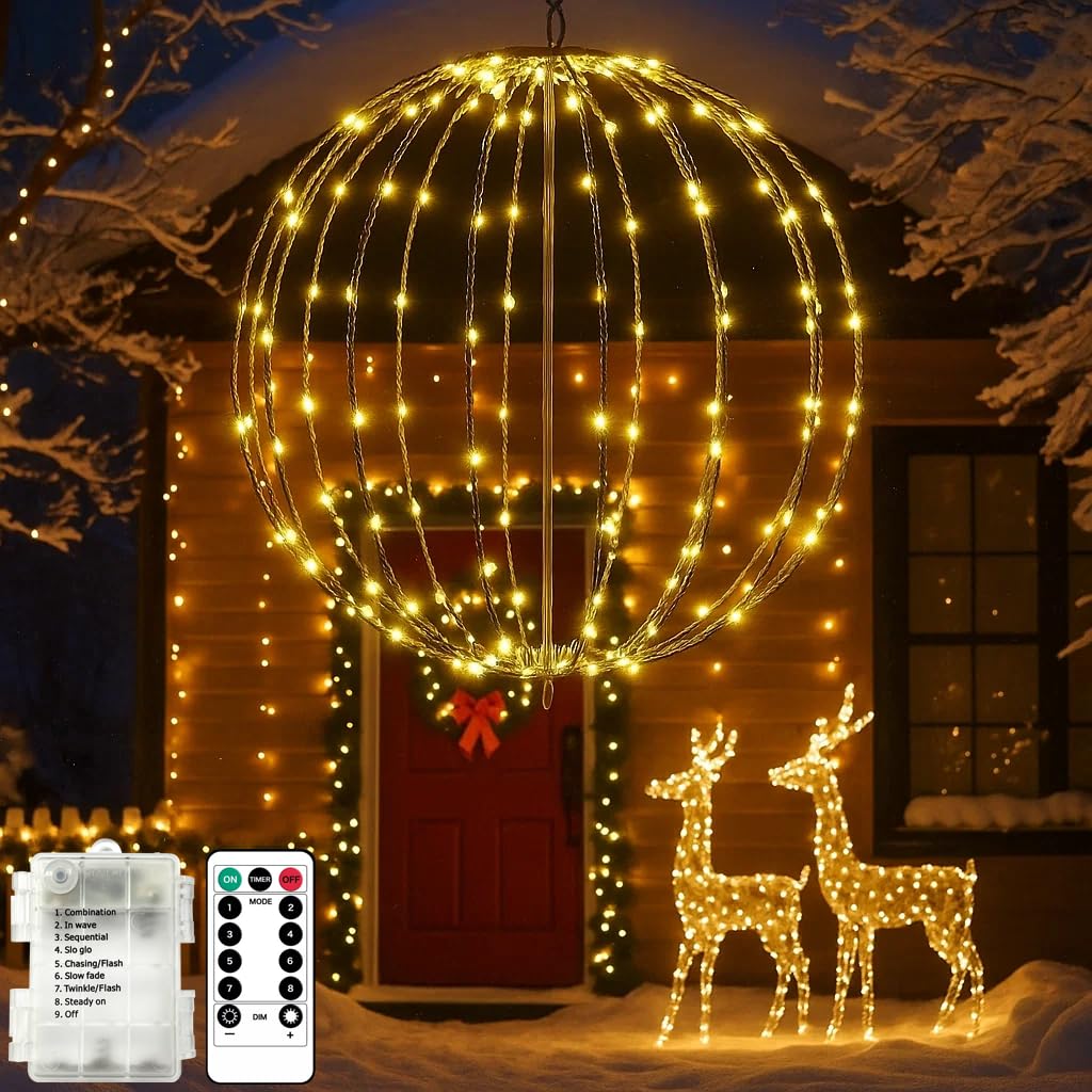 Weihnachtsbeleuchtung Außen Batterie, 30cm Hängende LED Kugel Lichter Timer 120 LED Leuchtkugel Weihnachtsdeko Outdoor 8 Modi wasserdichte für Garten Party Innen(1 Stück, Warmweiß)