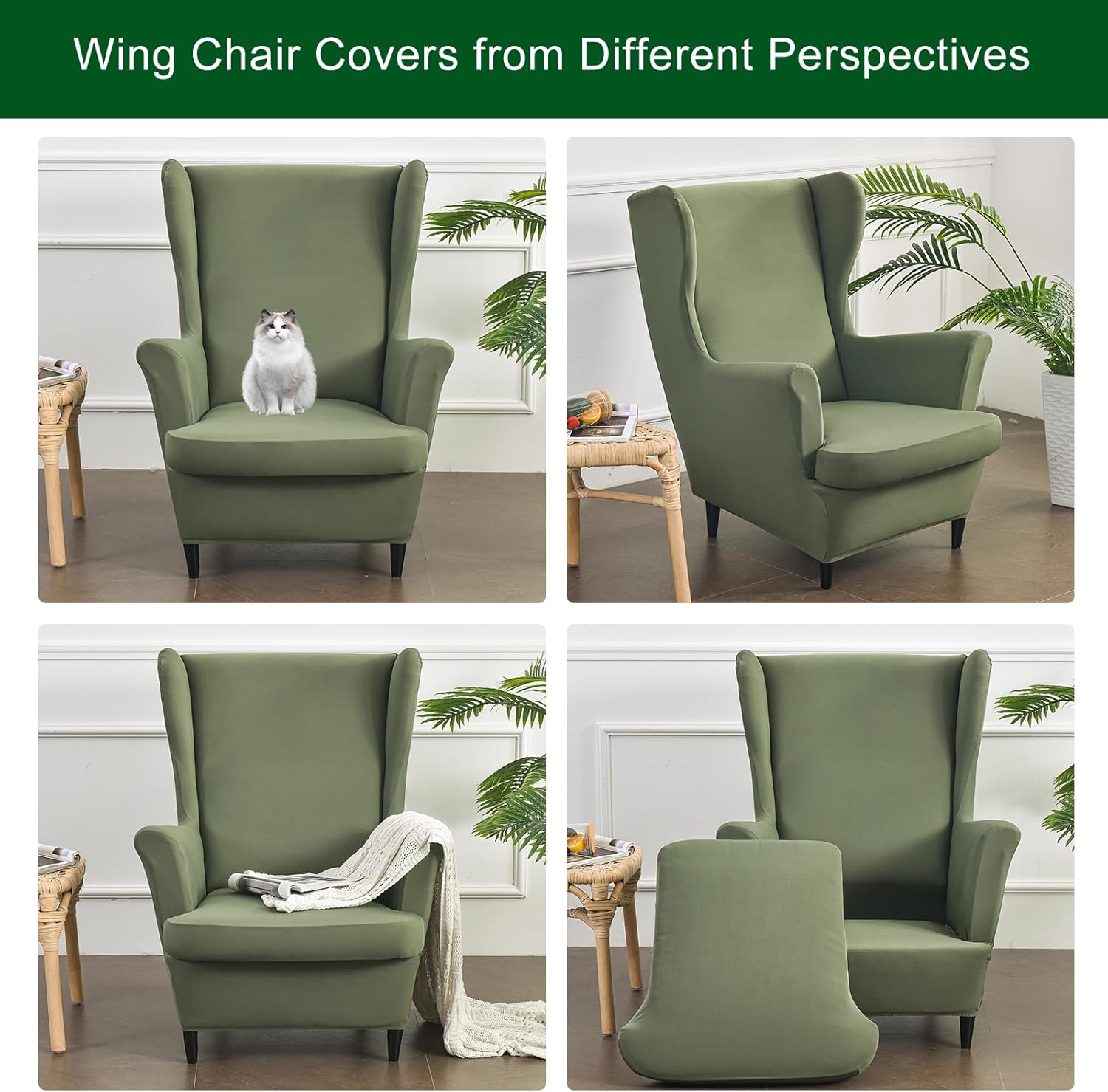 CRFATOP Polyester Wing Chair Covers 2 Piece Stretch Wingback Chair Slipcover Solid Wingback Armchair Covers with Elastic Bottom for Living Room Bedroom Wingback Chair,Green
