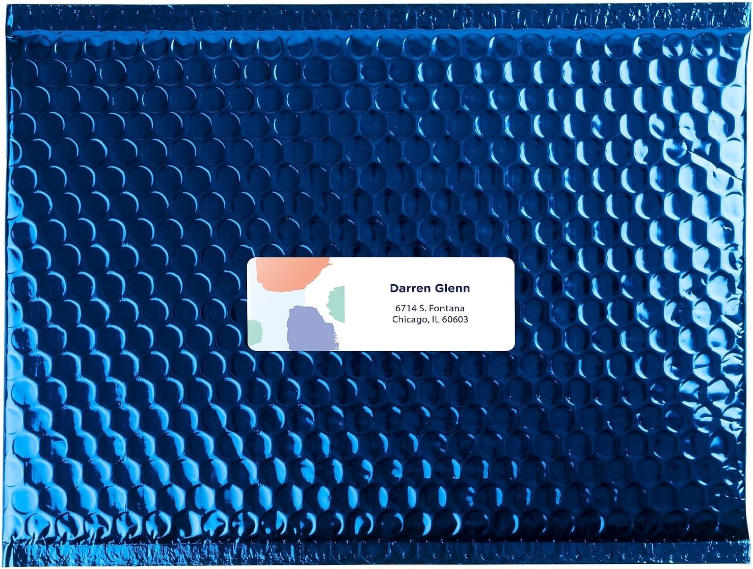 Avery label on a blue bubble mailer