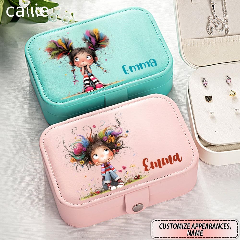 callie Personalized Quirky Girl Jewelry Box - Custom Name & 15 Pattern, 2 Layer PU Leather Travel Makeup Box Organizer Case, Birthday Christmas Gift for Women Girls