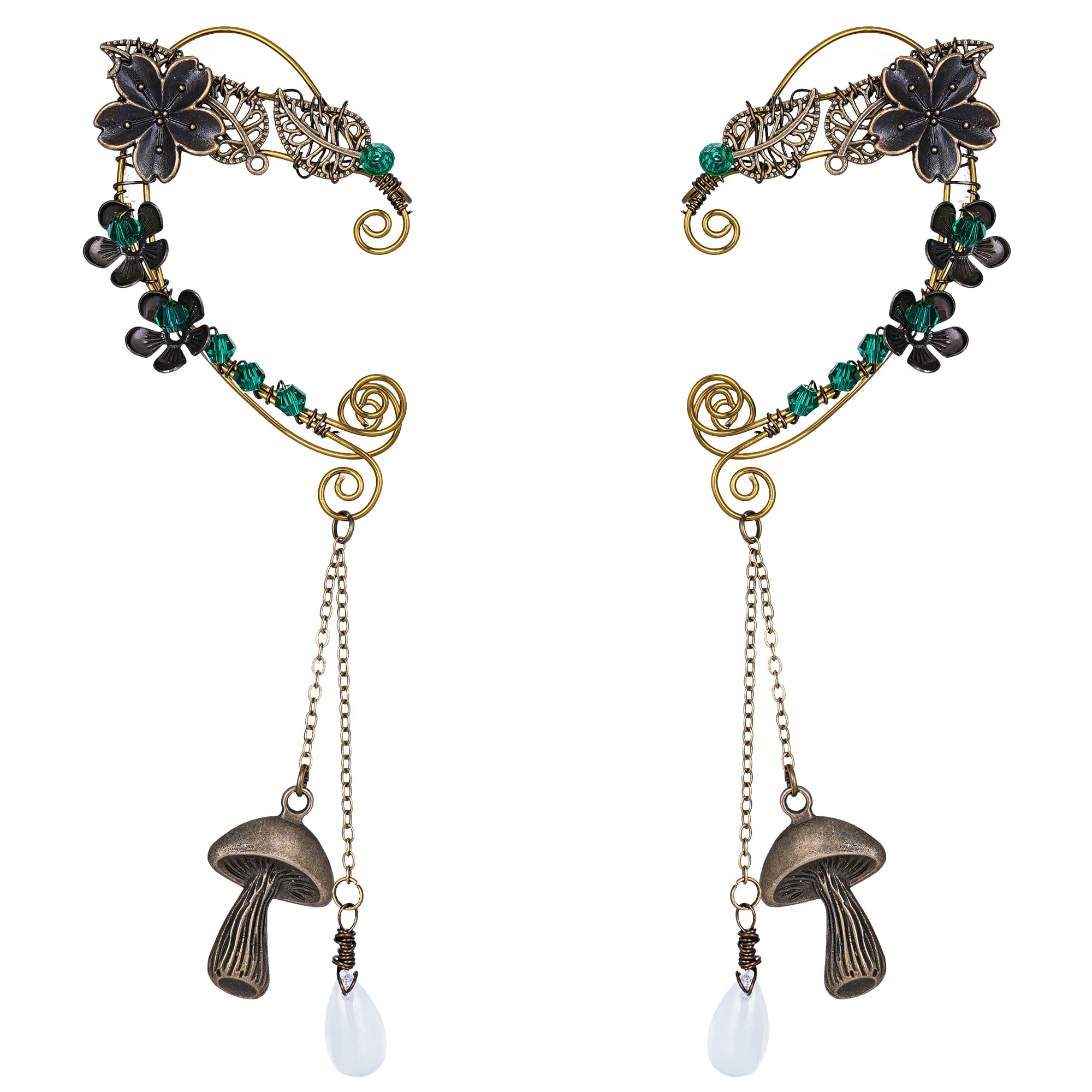 FRESHMEFairy Elf Ear Cuffs - Handmade Bronze Antique Vintage Cuffs Drop Dangling Ear Clips Wraps for Women Renaissance Costume