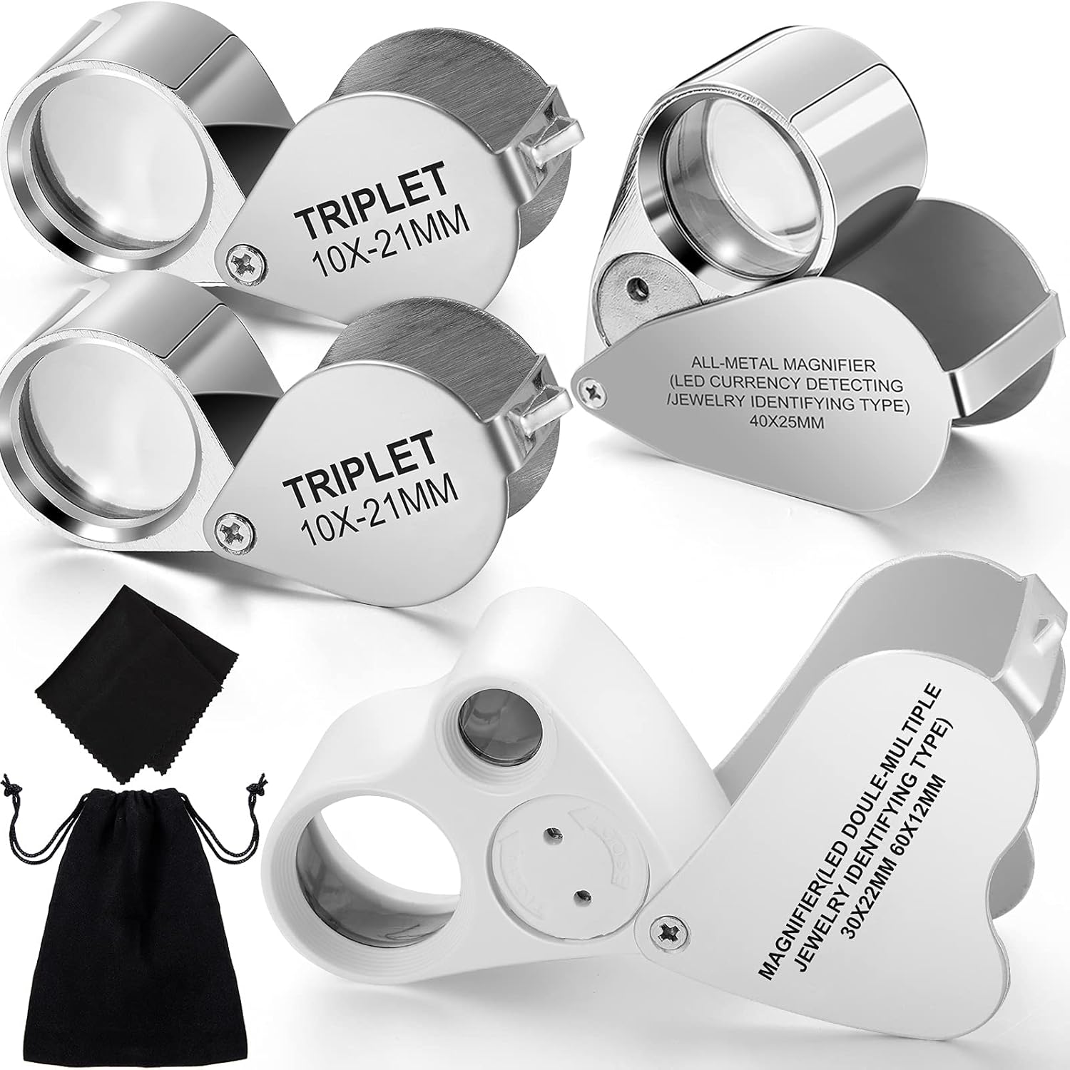 4 Pieces Illuminated Jewelry Loupe 10X 40X 30X 60X Foldable Jewelers Eye Loupe Maginfier with LED UV Light Pocket Folding Jeweler Loop Magnifying Glass for Gems Jewelry Rocks Watches Stamps Coins : Arts, Crafts & Sewing