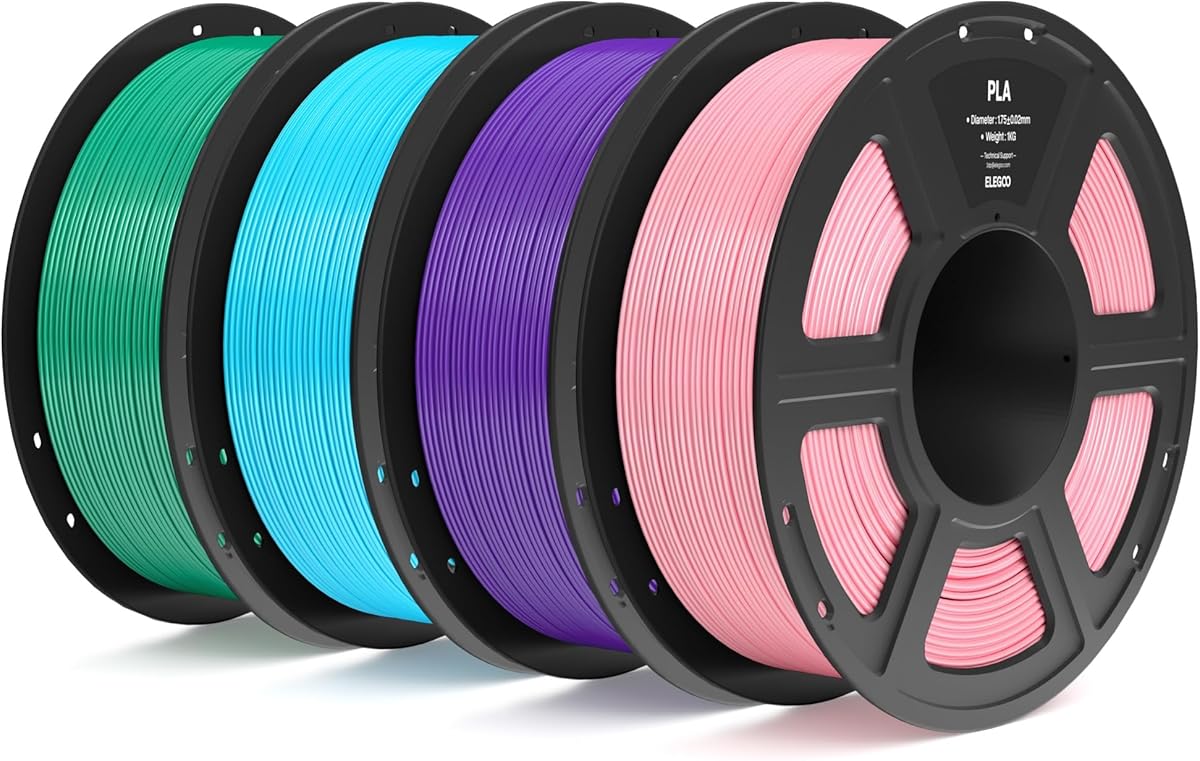 ELEGOO PLA Filament 1.75mm Bundle 4KG, 3D Printer Filament Dimensional Accuracy +/- 0.02mm, 4pcs 1kg Spool(2.2lbs) Fit Most FDM 3D Printers (Pink, Purple, Sky Blue, Sea Green)