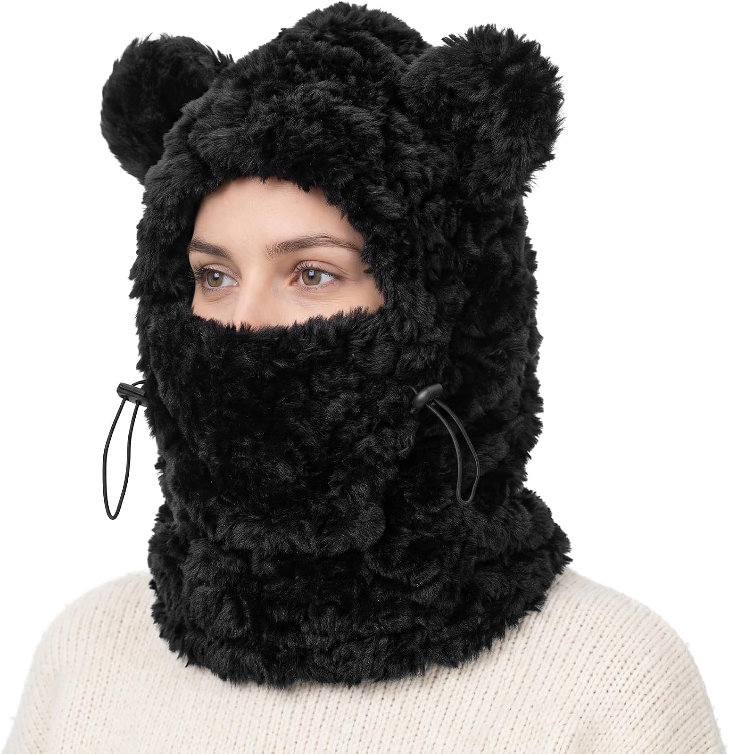 Women's 3-in-1 Beanie Hat with Scarf & Mask, Windproof Balaclava, Black