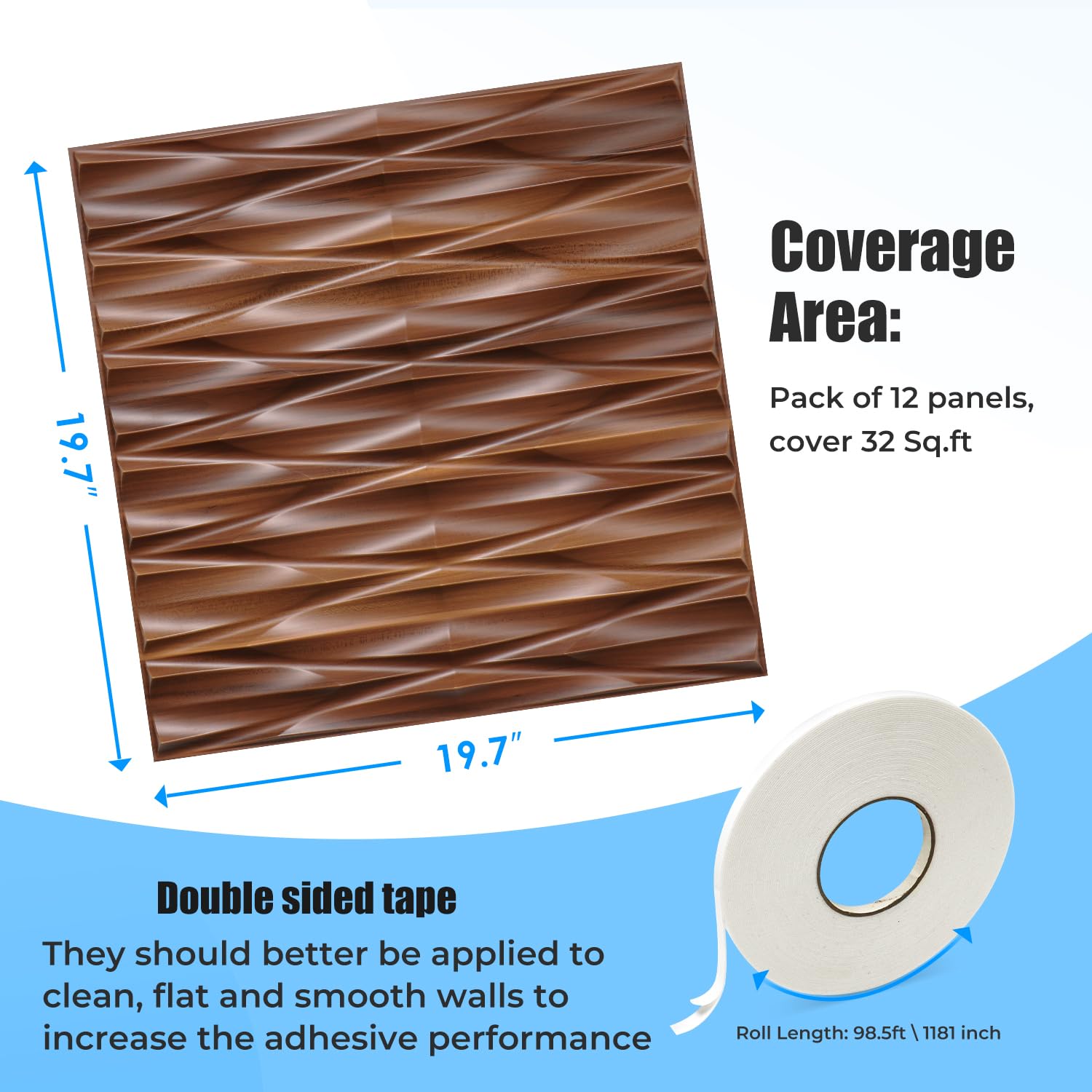 STICKGOO 12 PCS 3D Wall Panels Peel and Stick, 19.7" x 19.7", Wave Design PVC Wall Panels, 3D Textured Wall Panels for Interior Wall Decor, Bedrooms, Living Room, 32 Sq.Ft, Rosewood Color