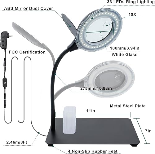 Miniatura 9 de Lupa 2 en 1 10X con luz y soporte, lámpara de escritorio con aumento de cuello de cisne flexible, lupa de luz ajustable con soporte para bolígrafo