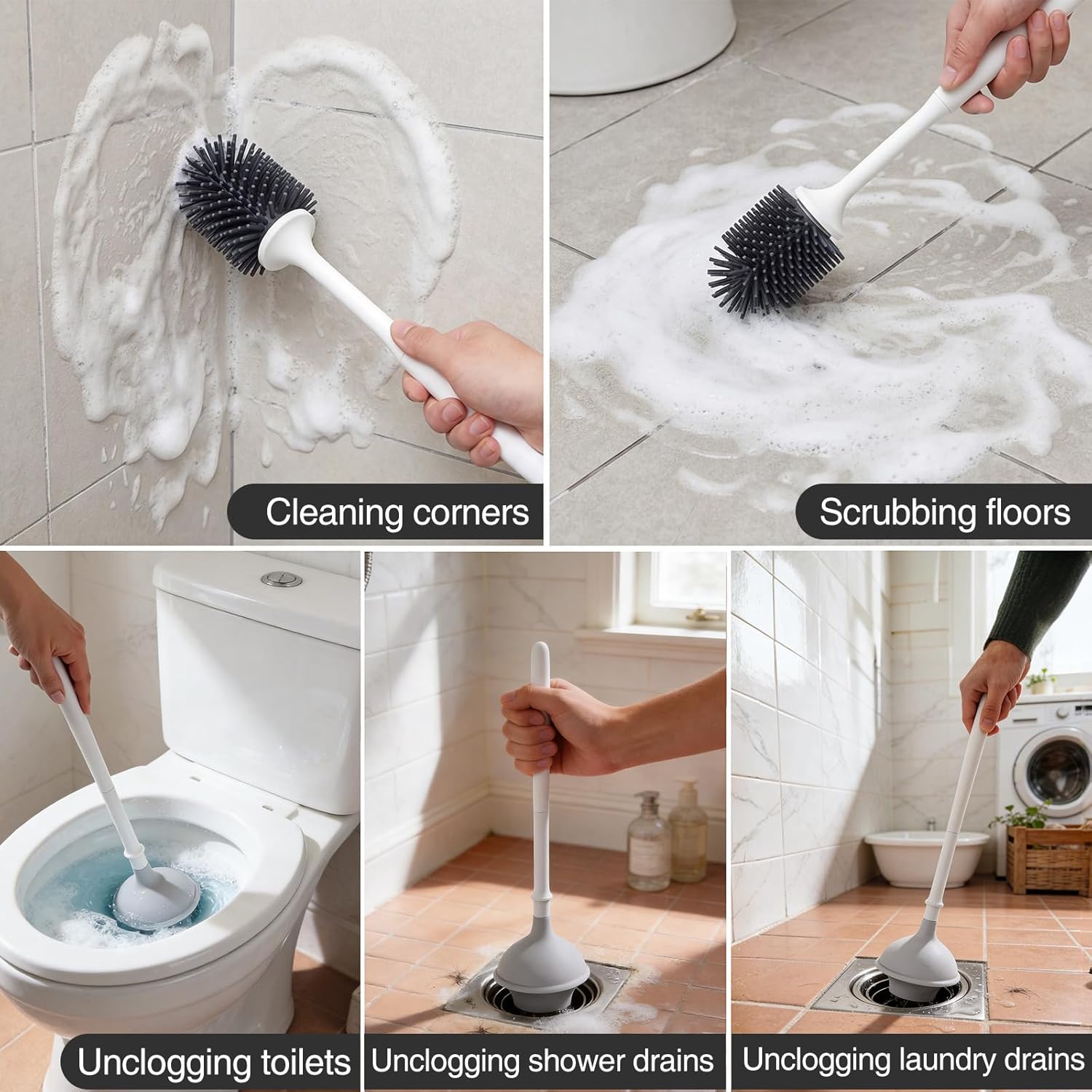 Lefree, 2 in 1 Toilet Brush and Plunger Set with Silicone Bristles, Plastic Material, Includes Holder, White/Black, for Deep Cleaning