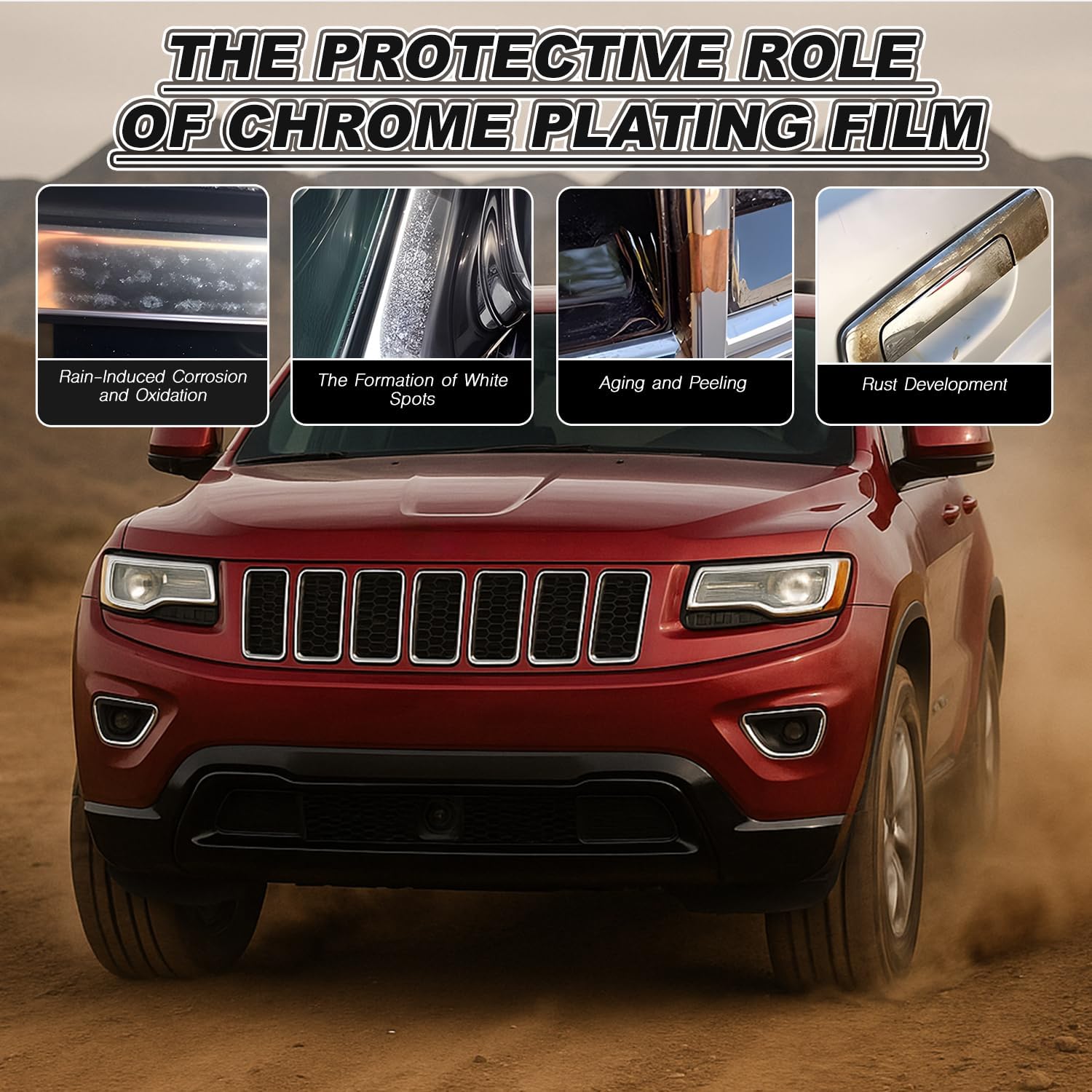 Front Bumper Chrome Delete Vinyl Wrap Overlay fit for 2014-2021 Jeep Grand Cherokee with Blackout Film Gloss Black Kits Accessories