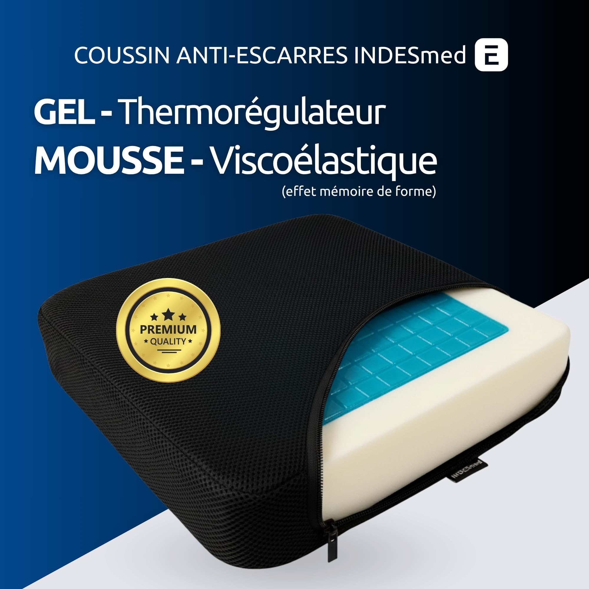 INDESMED | Coussin Ergonomique Gel & Viscoélastique Premium 40x40x8cm – Haute densité, Mémoire de Forme, Prévention des escarres – Housse Lavable, Anti-dérapante – Maison, Voiture & Fauteuil Roulant
