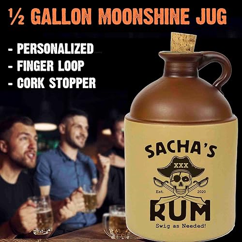 Vista 30 de Jarra personalizada de medio galón Moonshine – Estilo antiguo tradicional, botella de cristal grabada de 1/2 galón con tapón de corcho natural