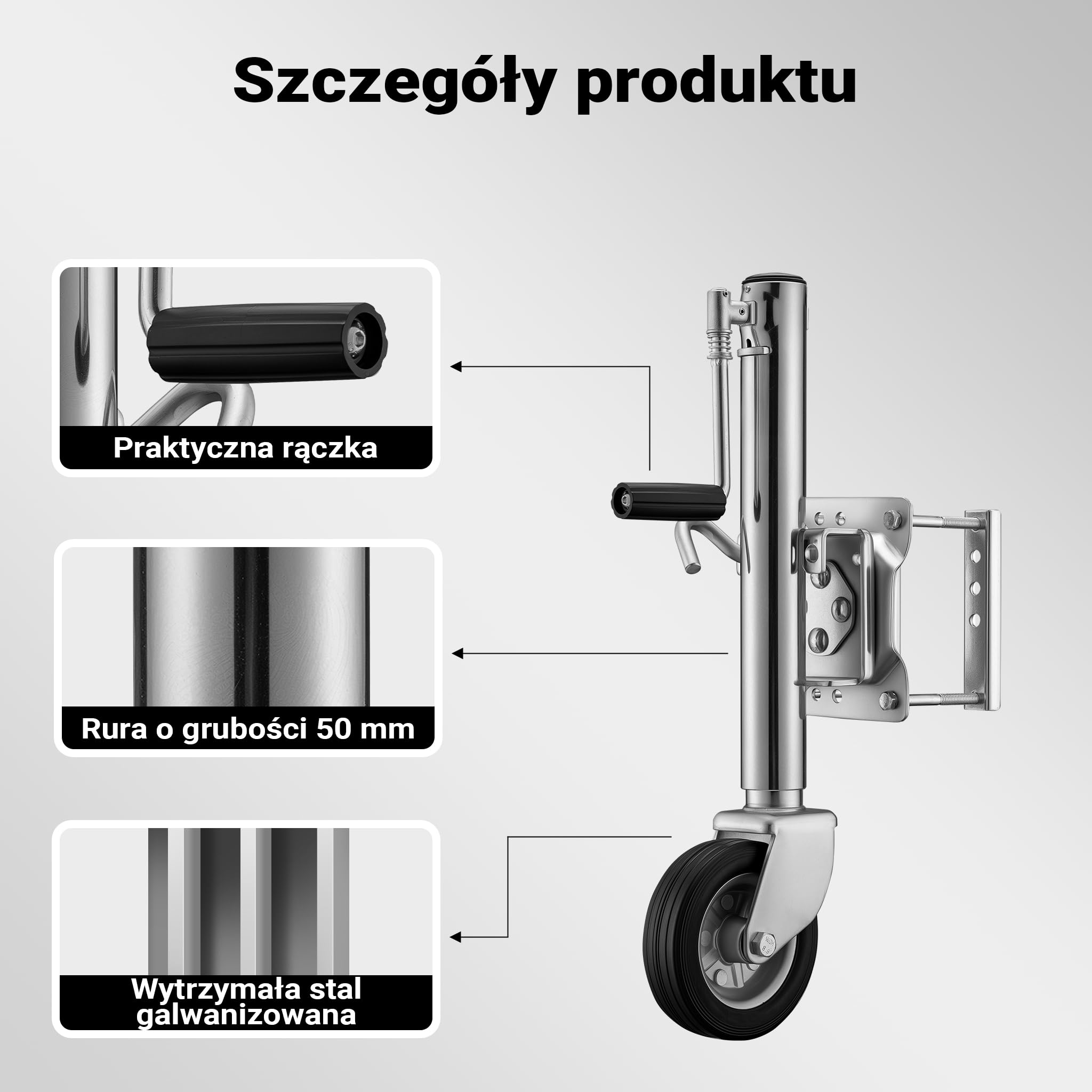 XPOtool Ciężkie koło podporowe do 540kg z korbą oraz uchwytem do samochodów osobowych i przyczep