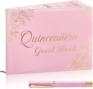 Quinceañera Guest Book with Pen 11 x 8 Inch Libro De Firmas Para 15 Años Quinceanera Leather Hardcover Signature Book Guest Sign in for 15th Party Favors Decoration(Pink Gold,Floral)