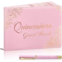 MotiMind Quinceanera Guest Book with Pen 11 x 8 Inch Libro De Firmas Para 15 Anos Quinceanera Leather Hardcover Signature Book Guest Sign in for 15th Party Favors DecorationPink Gold,Floral