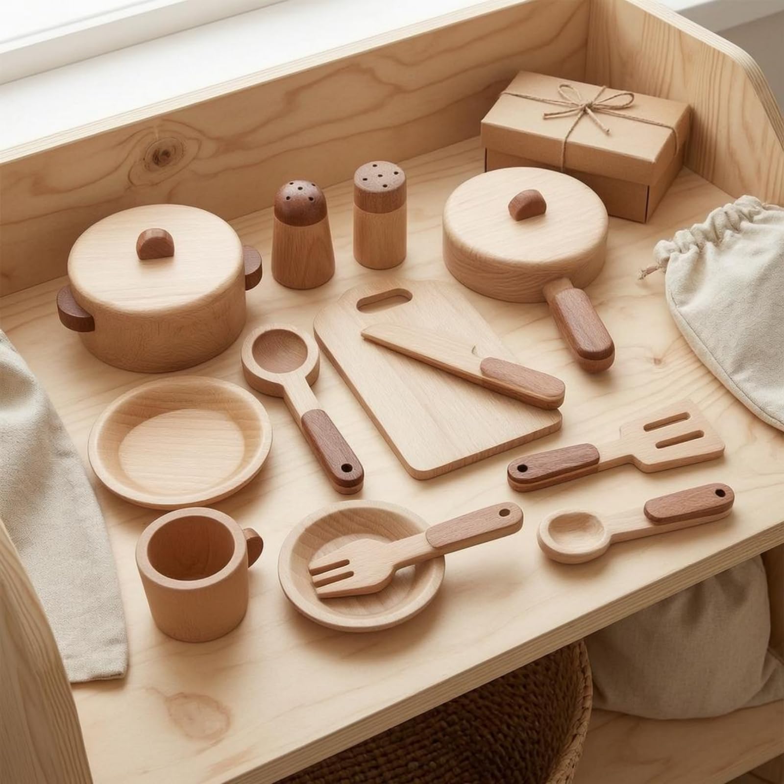 Gralara 15 Pieces Accessori Cucina Giocattolo Bordi Arrotondati Set Picnic in Legno Venatura Chiara