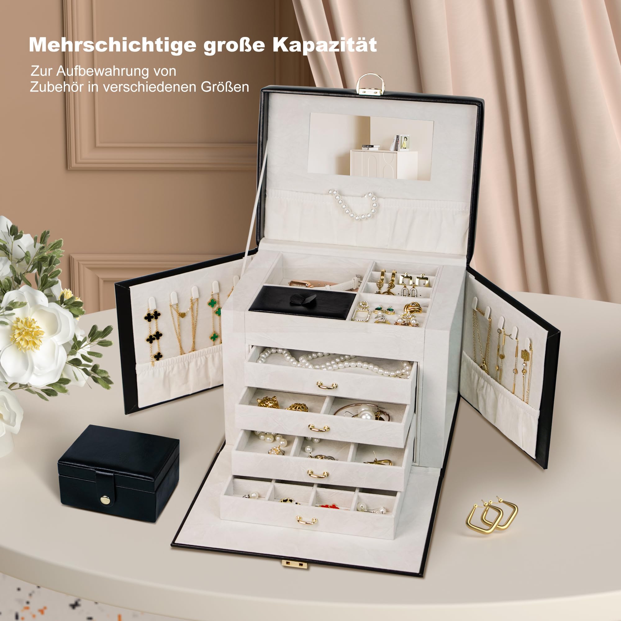 ADEL DREAM szkatułka na biżuterię, duża, zamykana, 5 poziomów z 5 szufladami, z lustrem, na pierścionki, kolczyki, naszyjniki i bransoletki, elegancka i klasyczna (czarny)