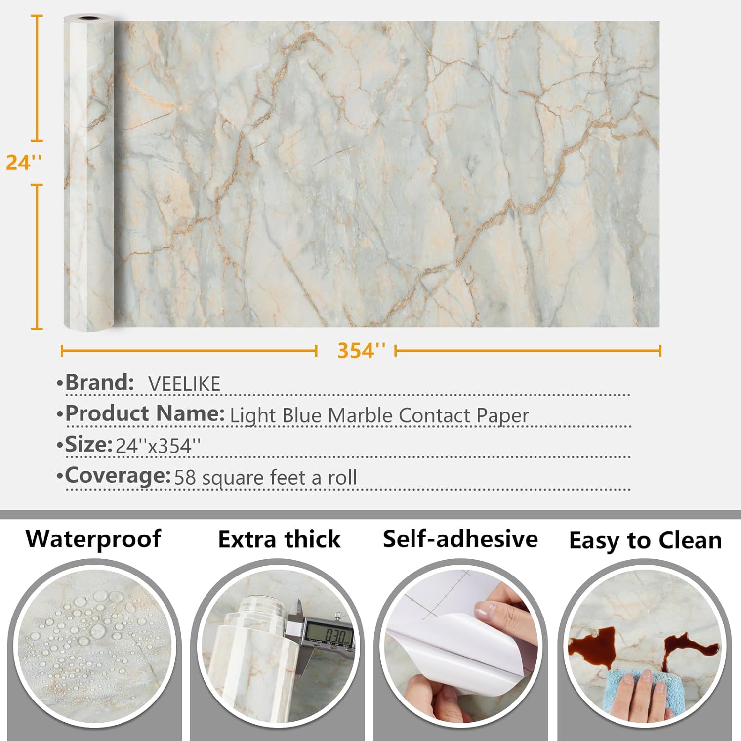 VEELIKE Gold Blue Marble Contact Paper for Countertops Waterproof Peel and Stick Countertop Contact Paper 24''x354'' Glossy Marble Wallpaper Peel and Stick Counter Top Covers for Kitchen Bathroom Desk