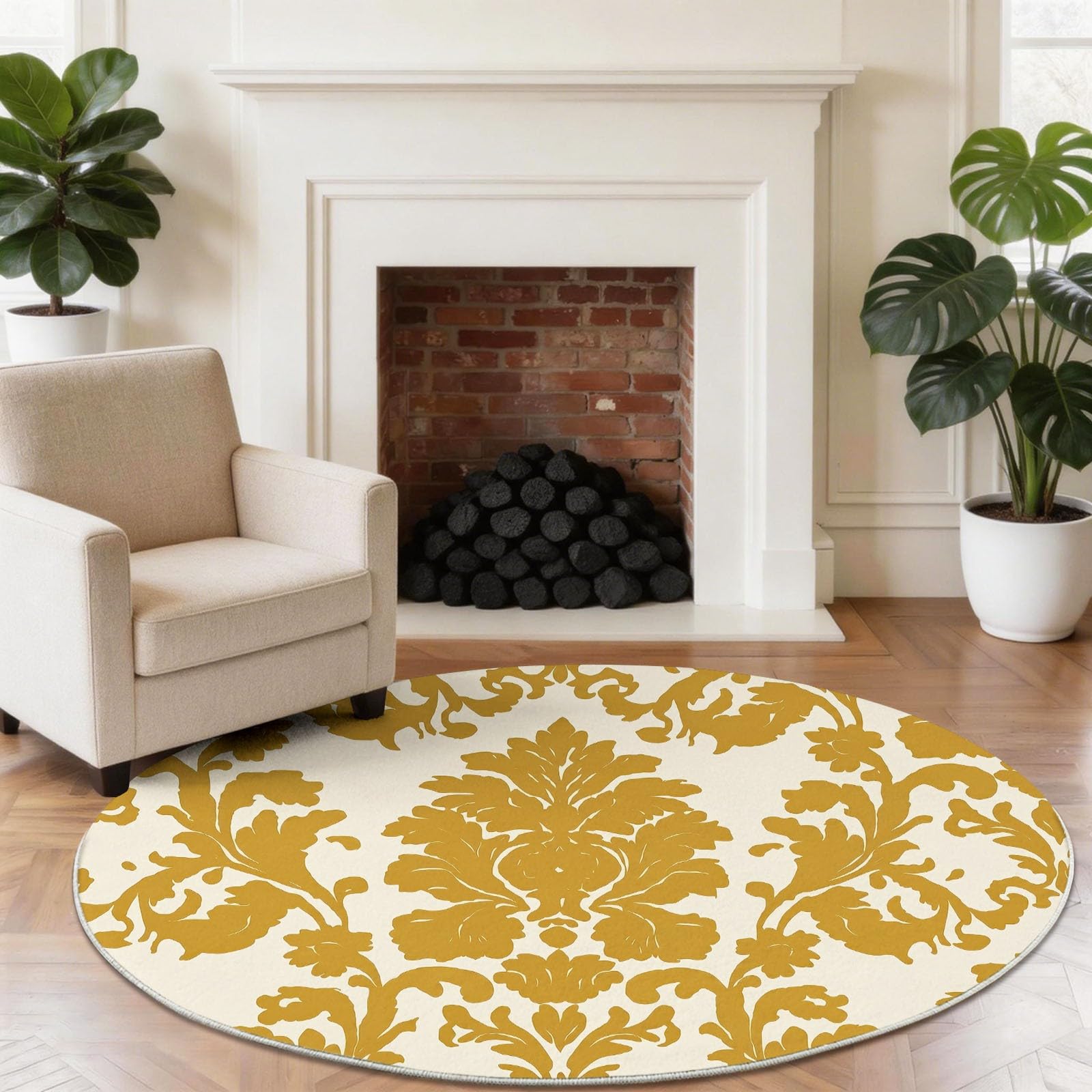 Tappeto rotondo antiscivolo, 120 cm, motivo piante damascate, tappeto rotondo per sotto il tavolo, beige, morbido, a pelo basso, classico, vintage, etnico, per soggiorno, camera da letto, sala da