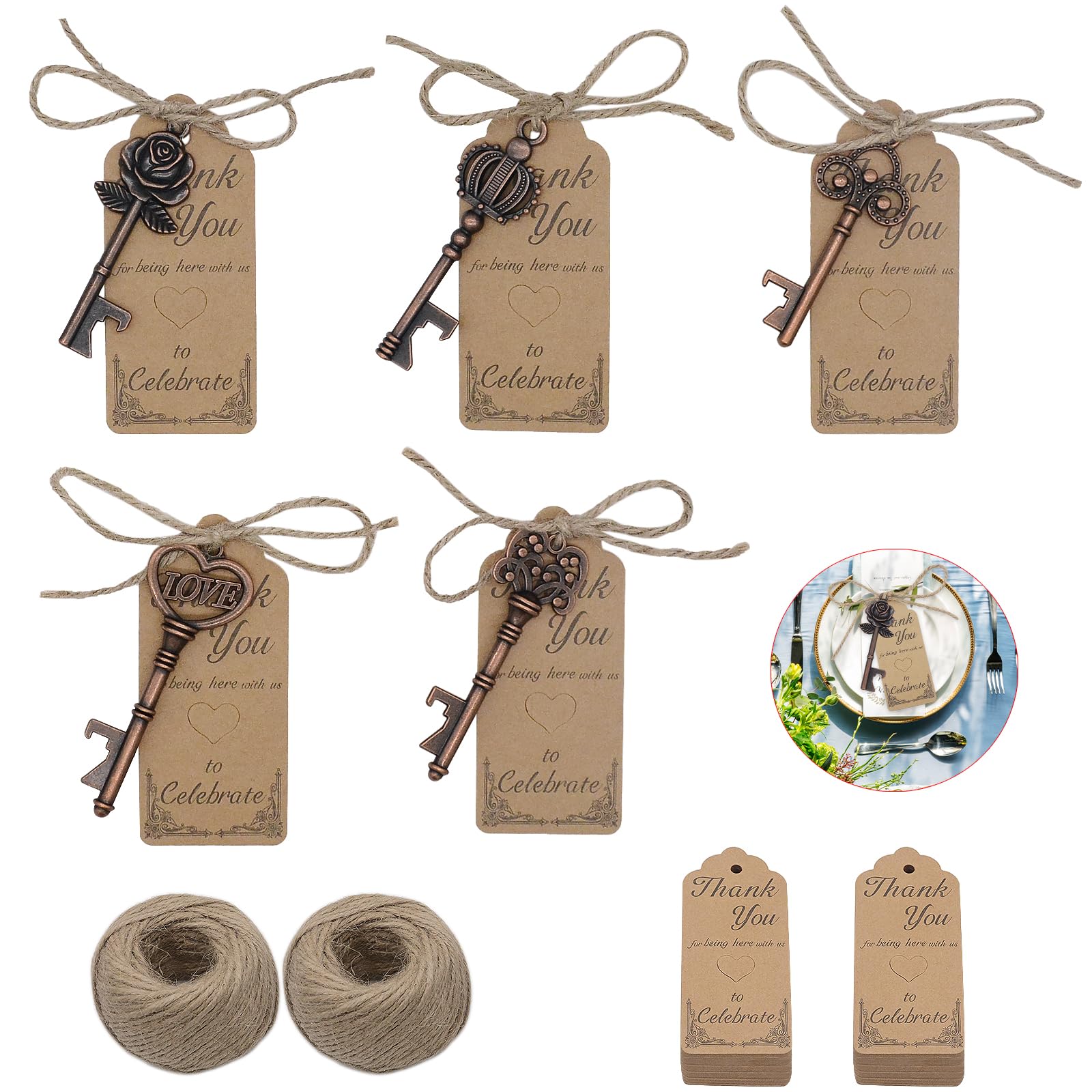 100 piccoli apribottiglie vintage in metallo con etichetta di ringraziamento e spago, accessorio divertente multiuso per compleanni, bomboniere, portachiavi, idee regalo per gli ospiti