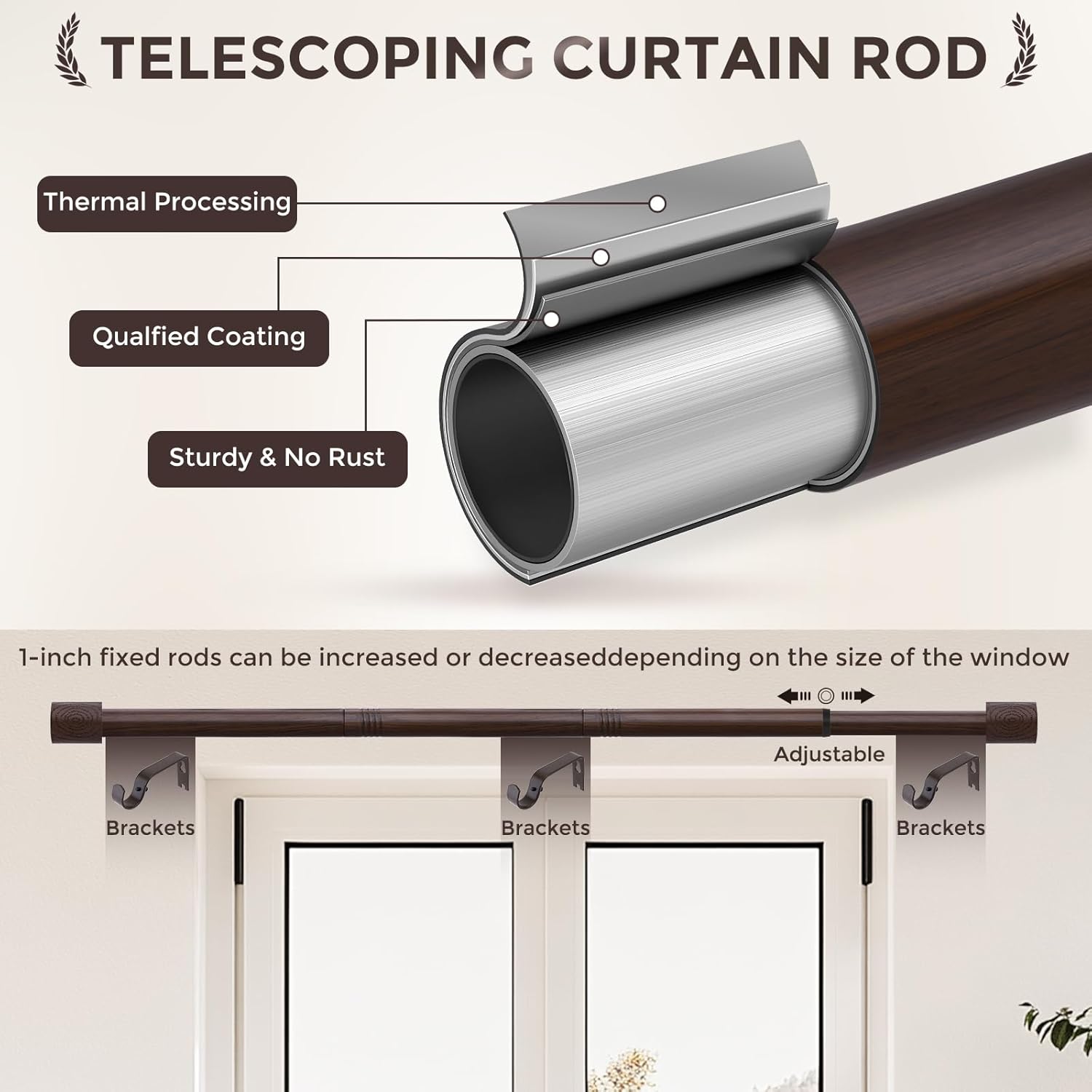 2 Pack Walnut Wood Curtain Rods,1'' Decorative Adjustable Rustic Farmhouse Drapery Rod, Heavy Duty Boho Curtain Pole for Windows 48 to 84 Inch with Imitation Wooden Grain Finials, Size 30"-88"