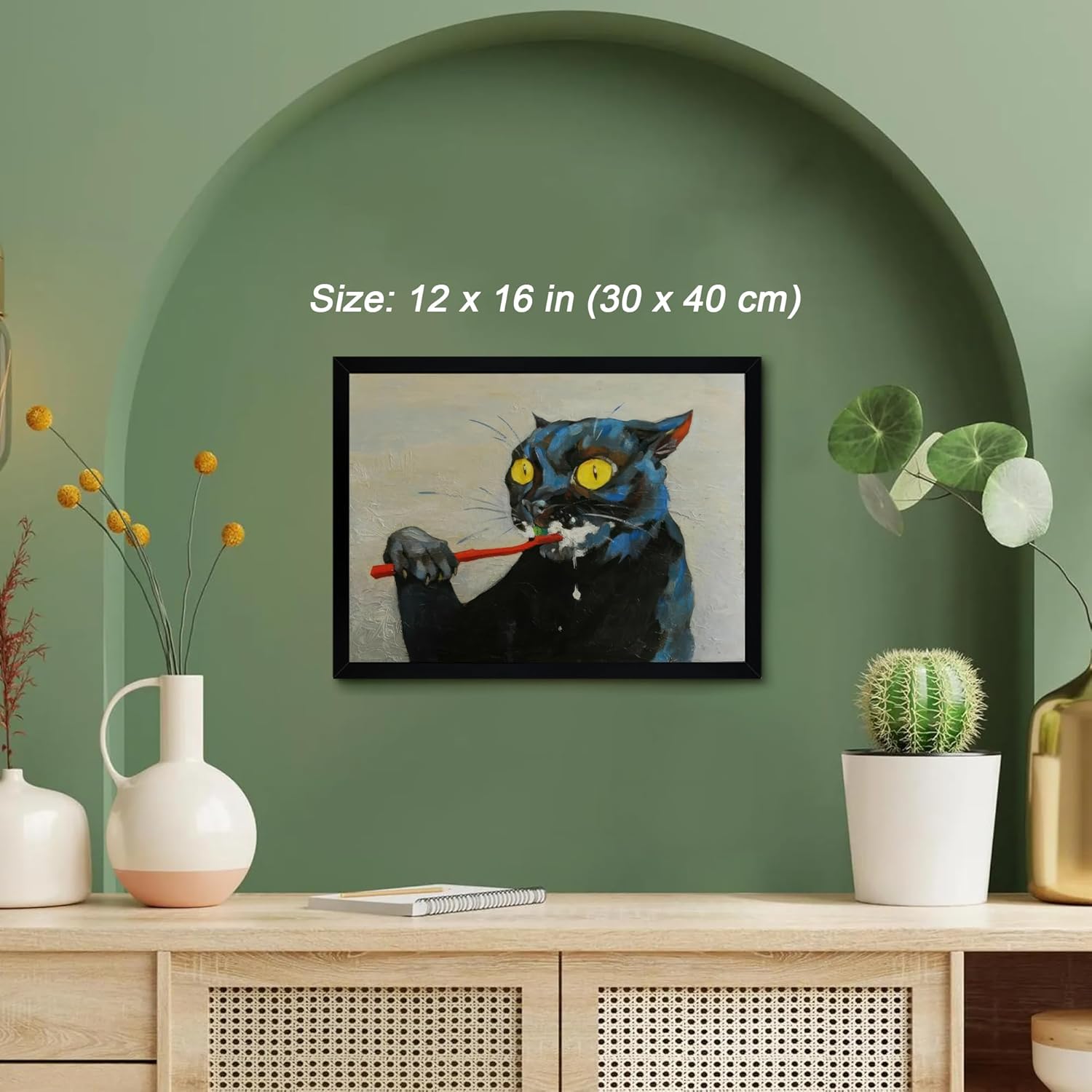 ICHZUMW Funny Black Cat Bathroom Wall Art Decor, Quirky Framed Canvas Print Painting of Cat Brushing Teeth, Humorous Animal Pictures Wall Decoration, Modern Home Artwork, Restroom Powder Room, 12x16in