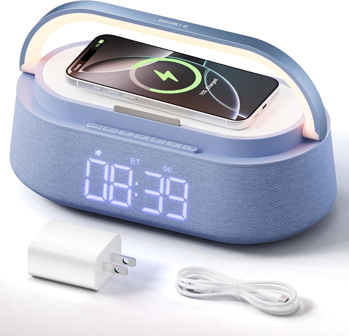 FREEFISH 6-in-1 Digital Alarm Clock with Bluetooth Speaker Wireless Charger