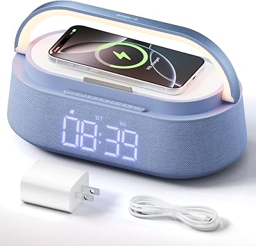 FREEFISH 6-in-1 Bluetooth Speaker with Wireless Charging, FM Radio,Bedrooms Dimmable Nights Light, Snooze Function for Home, Office, Wireless Charger Compatible iPhones 16/15/14/13/12