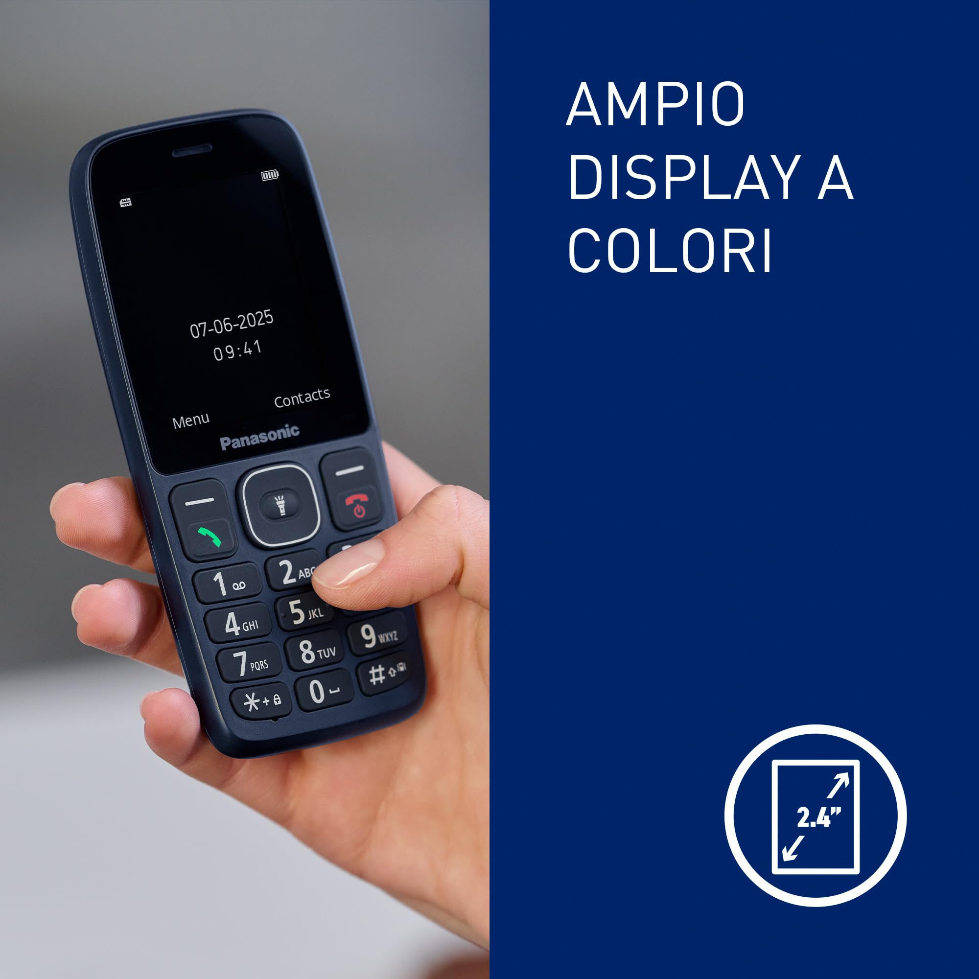 Panasonic KX-TF400EXC Telefono Cellulare 4G, VoLTE, Autonomia affidabile fino a 280 ore in modalità Standby, Ricarica USB-C, Display 2,4'', Bluetooth, Torcia LED, Resistente all'Acqua IP44, Blu