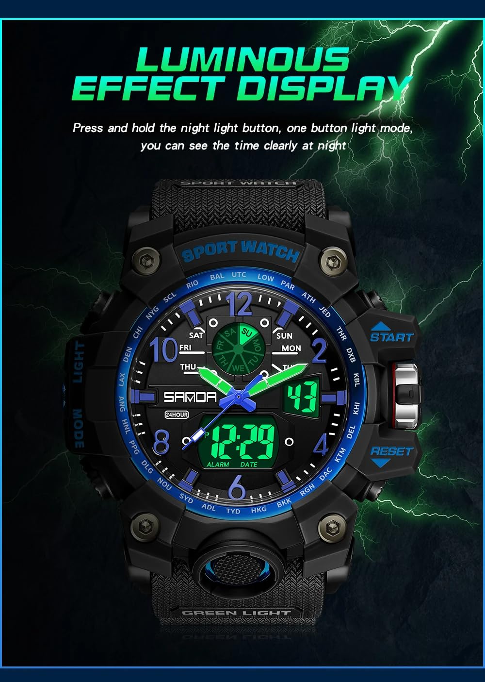 Gosasa Montre analogique numérique de style militaire, grand cadran 5,6 cm, étanche à 50 m, double fuseau horaire, alarme, rétroéclairage LED, chronomètre, bracelet en polyuréthane