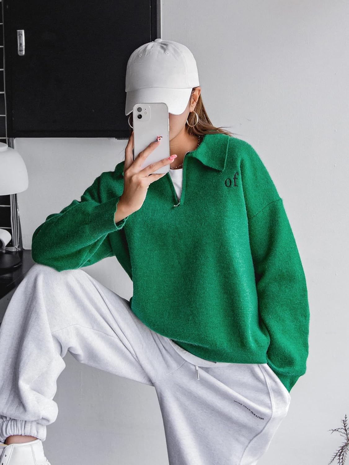 Letter Embroidered Drop Shoulder Polo Neck Sweater Without Tee (Color : Green, Size : Medium)