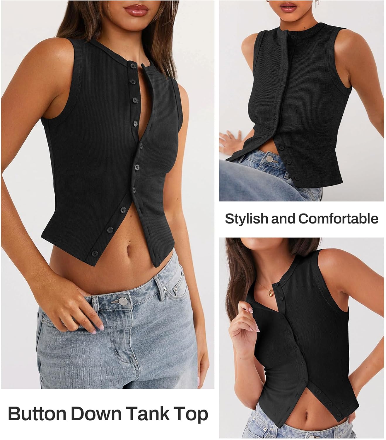 Womens Button Down Tank Top Sleeveless Ribbed Fitted Vest Casual Crewneck Trendy Y2K Going Out Crop Knit Vest Top - Image 5